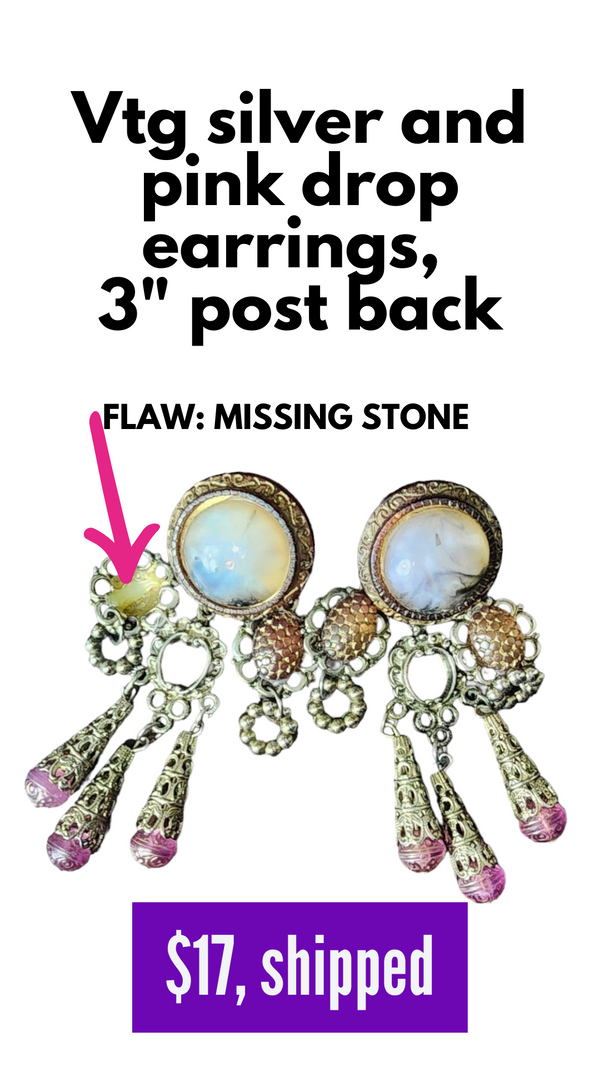 Vintage silver pink bead dangle post back earrings