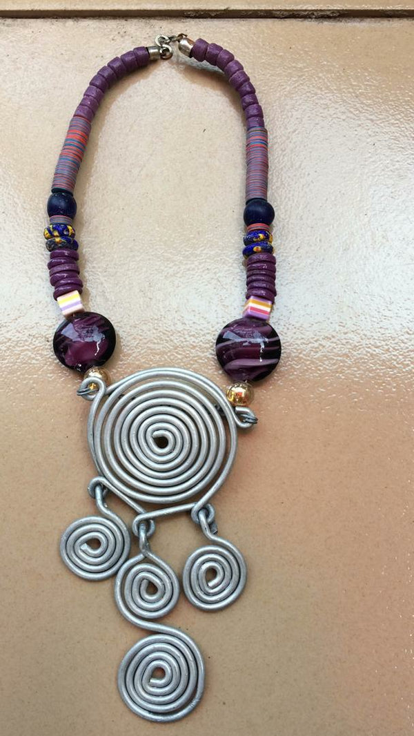 Handmade silver metal and purple beaded necklace