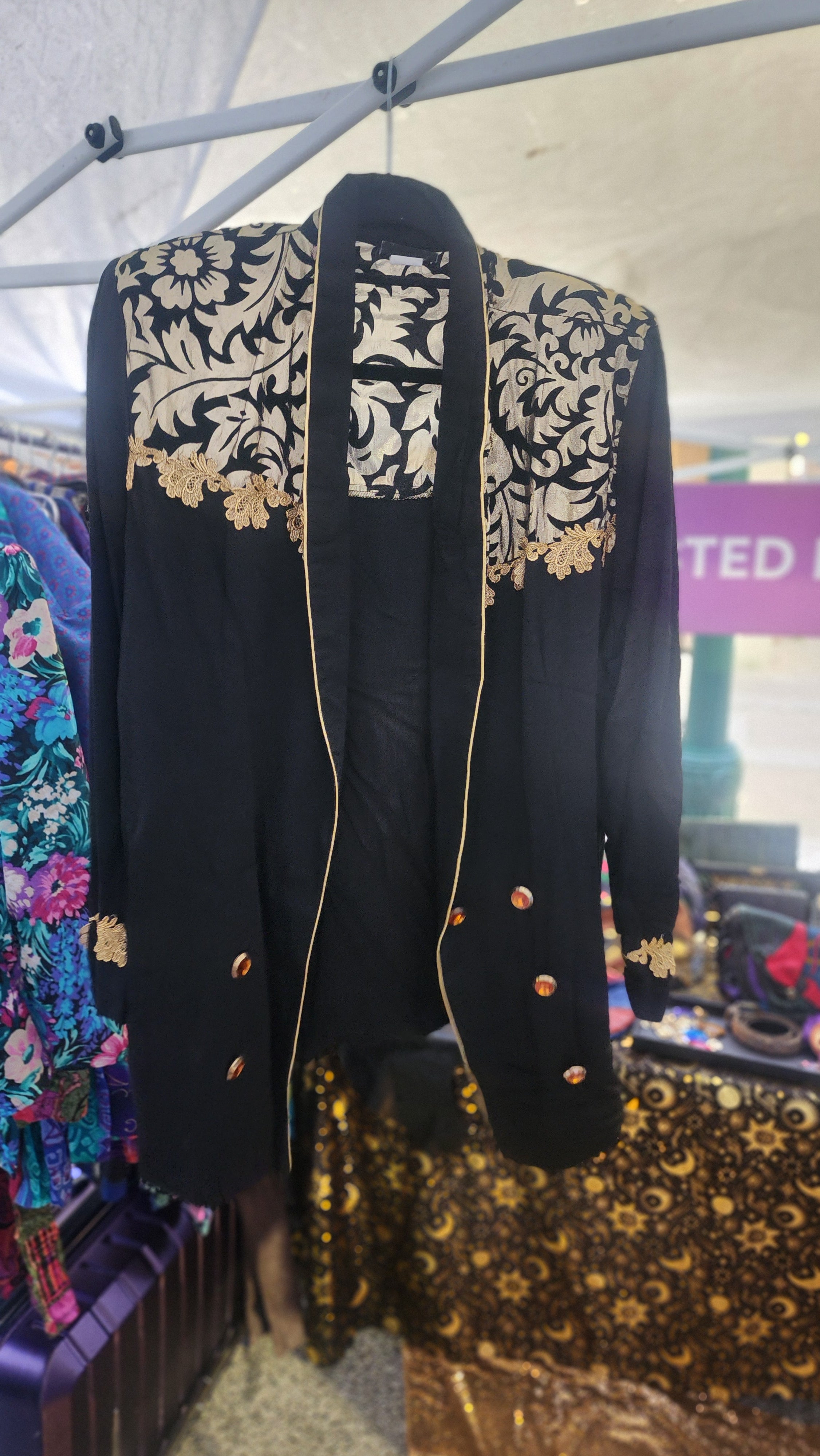 Vintage Black and gold leaf jacket and skirt set sz L