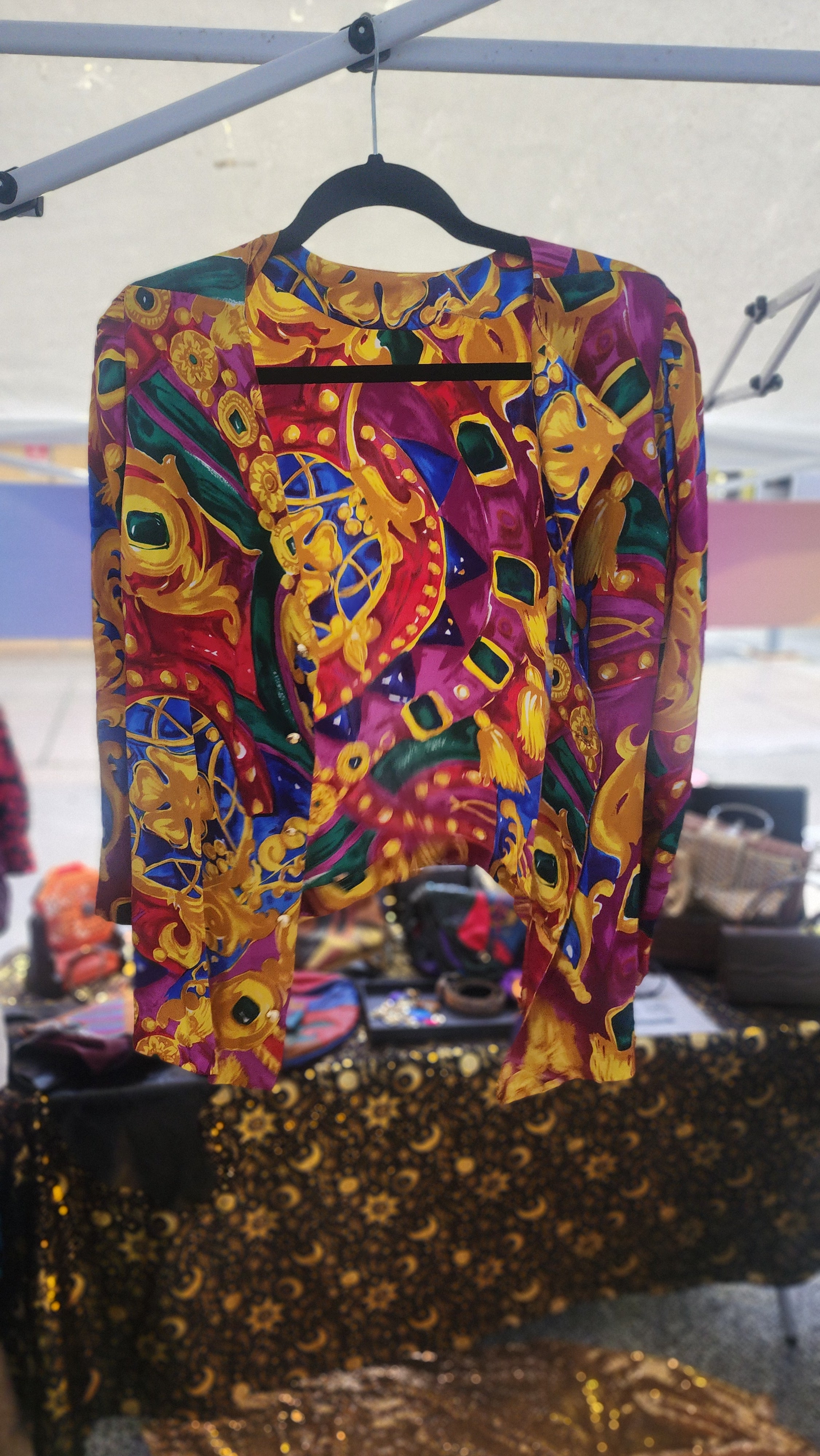 Vintage silk yellow multi abstract button up blouse sz M