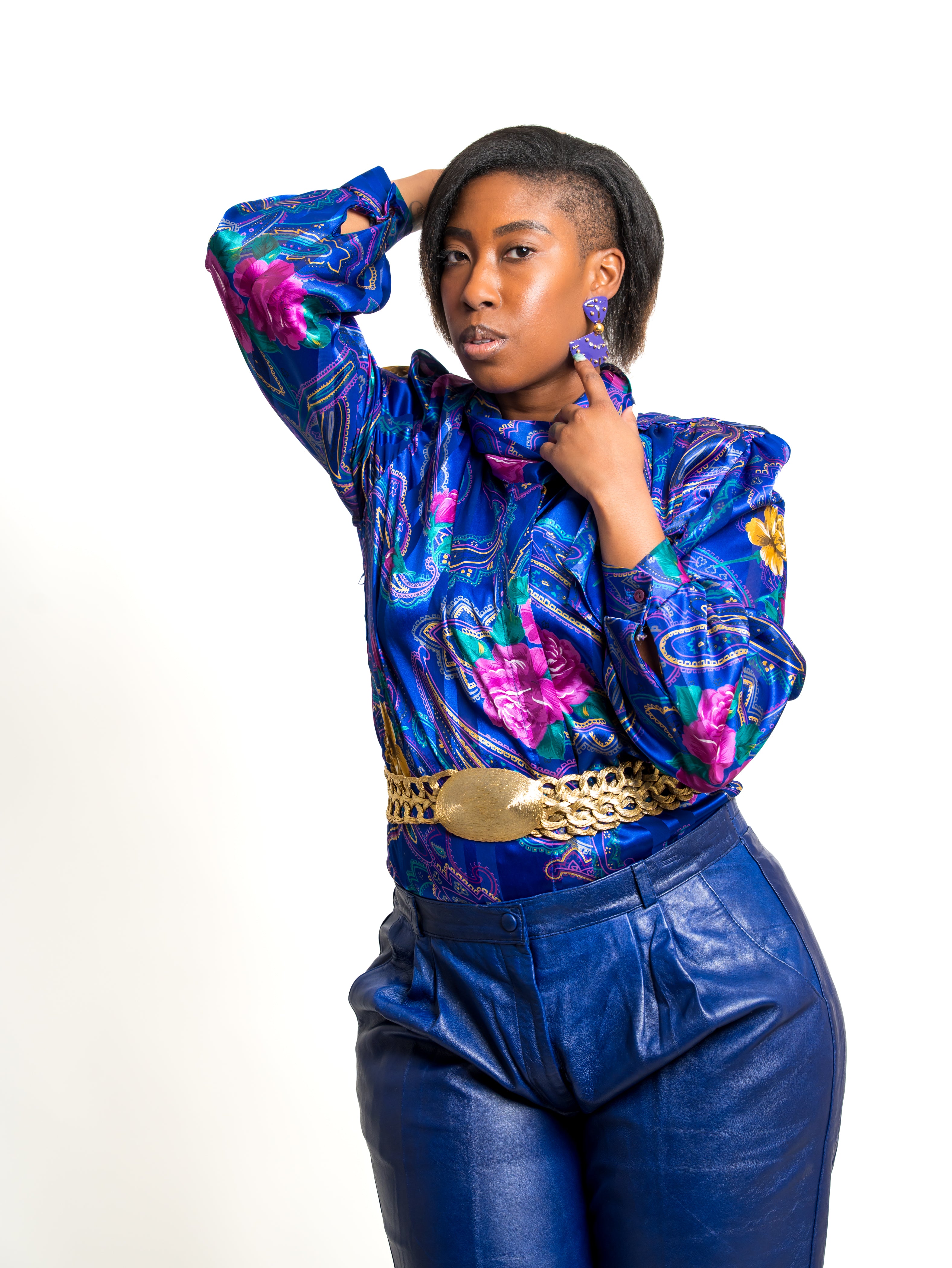 Vintage indigo purple floral print button up long sleeve blouse top sz XL