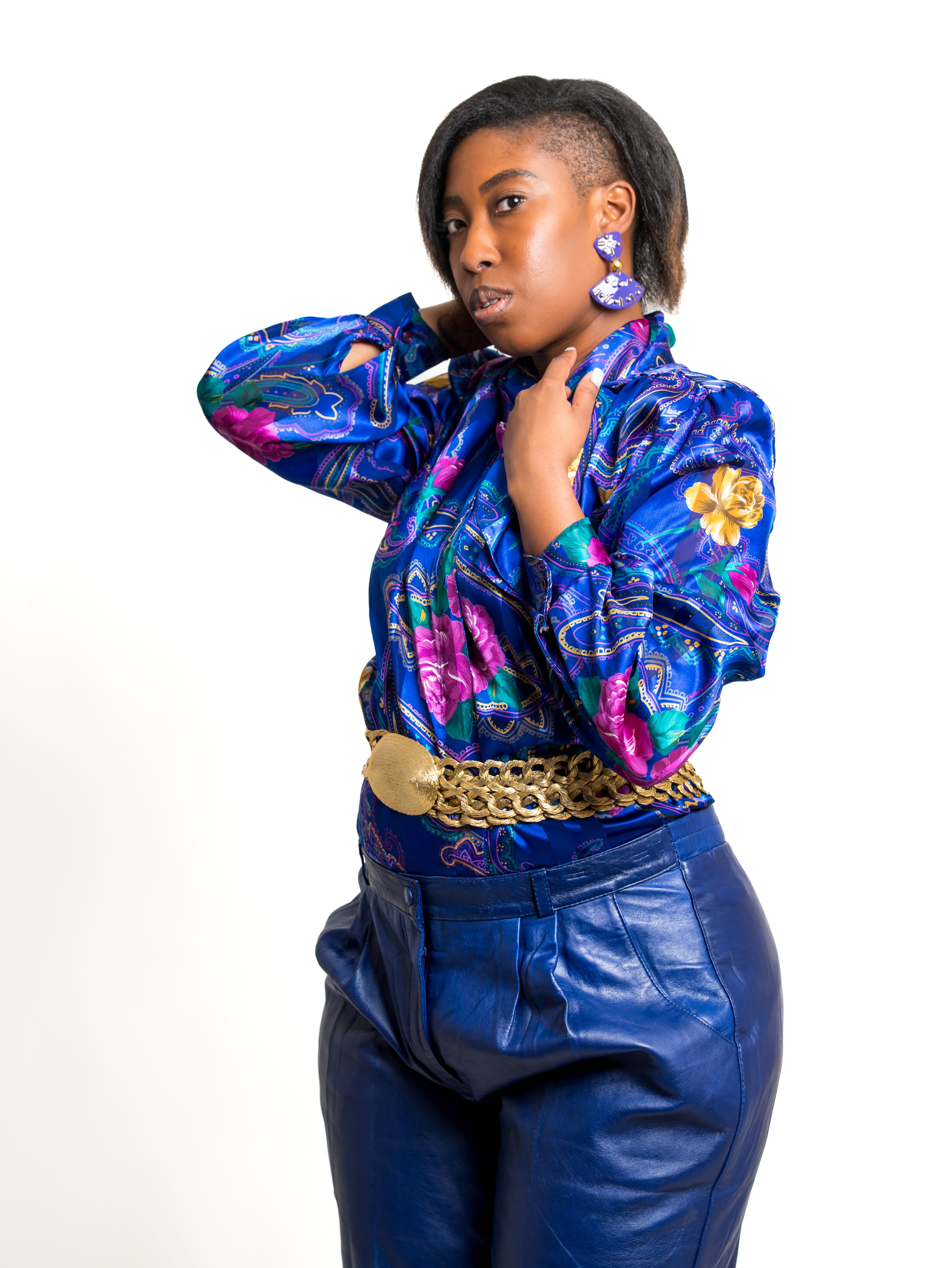 Vintage indigo purple floral print button up long sleeve blouse top sz XL