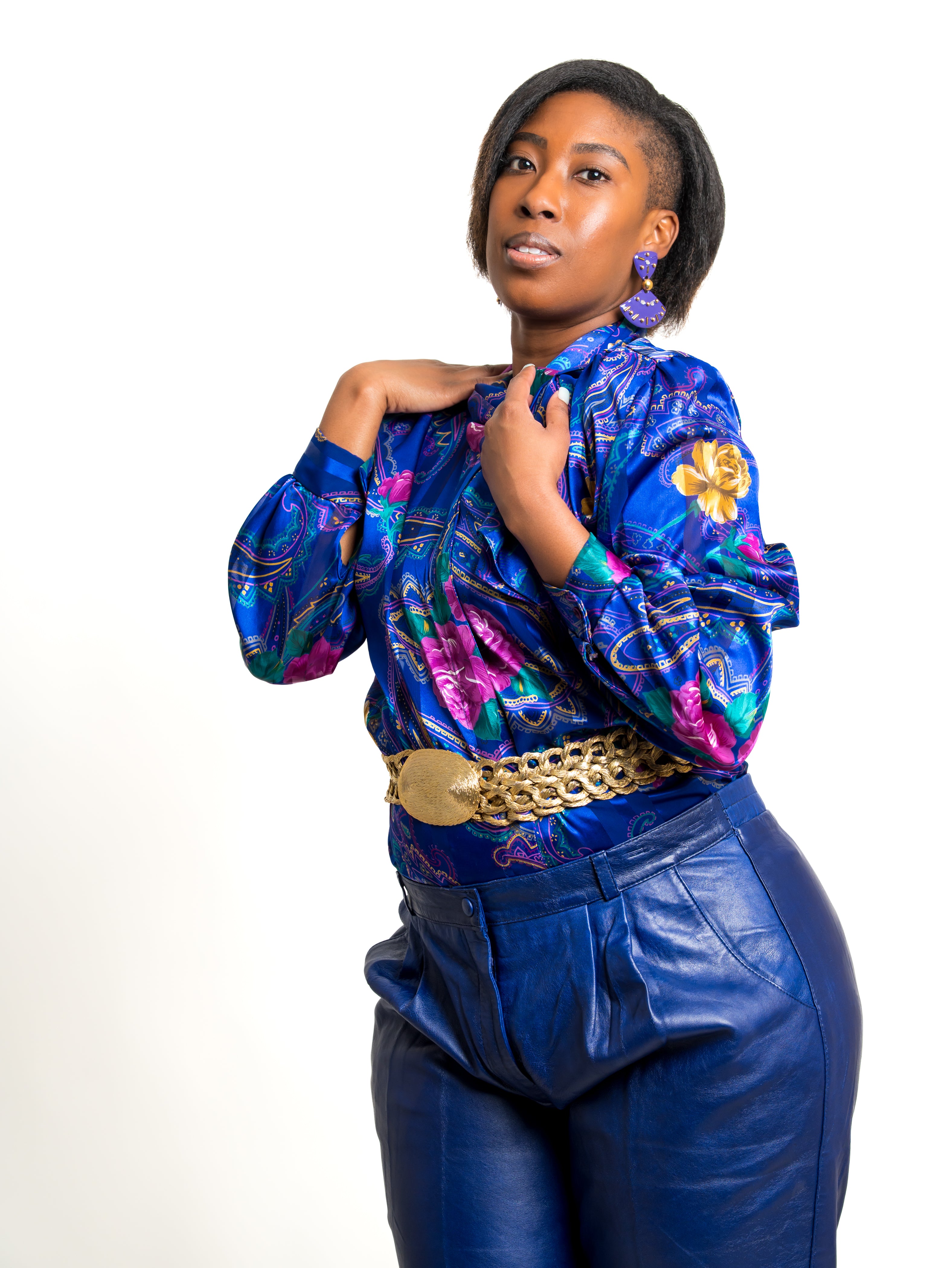 Vintage indigo purple floral print button up long sleeve blouse top sz XL