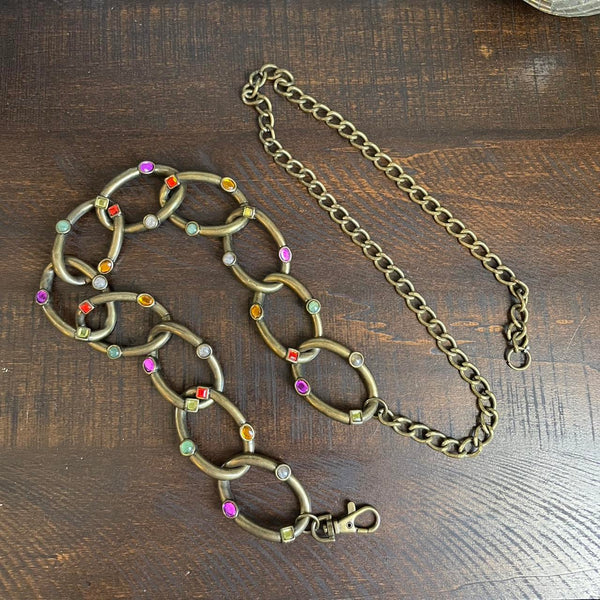 Brass chain link belt with colorful gems