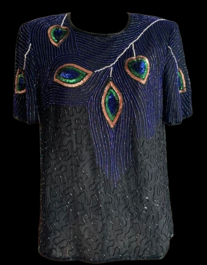 Vintage black peacock sequin beaded vintage short sleeve top sz XL