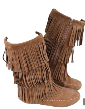 Tan suede 3 layer fringe moccasin boots sz 10