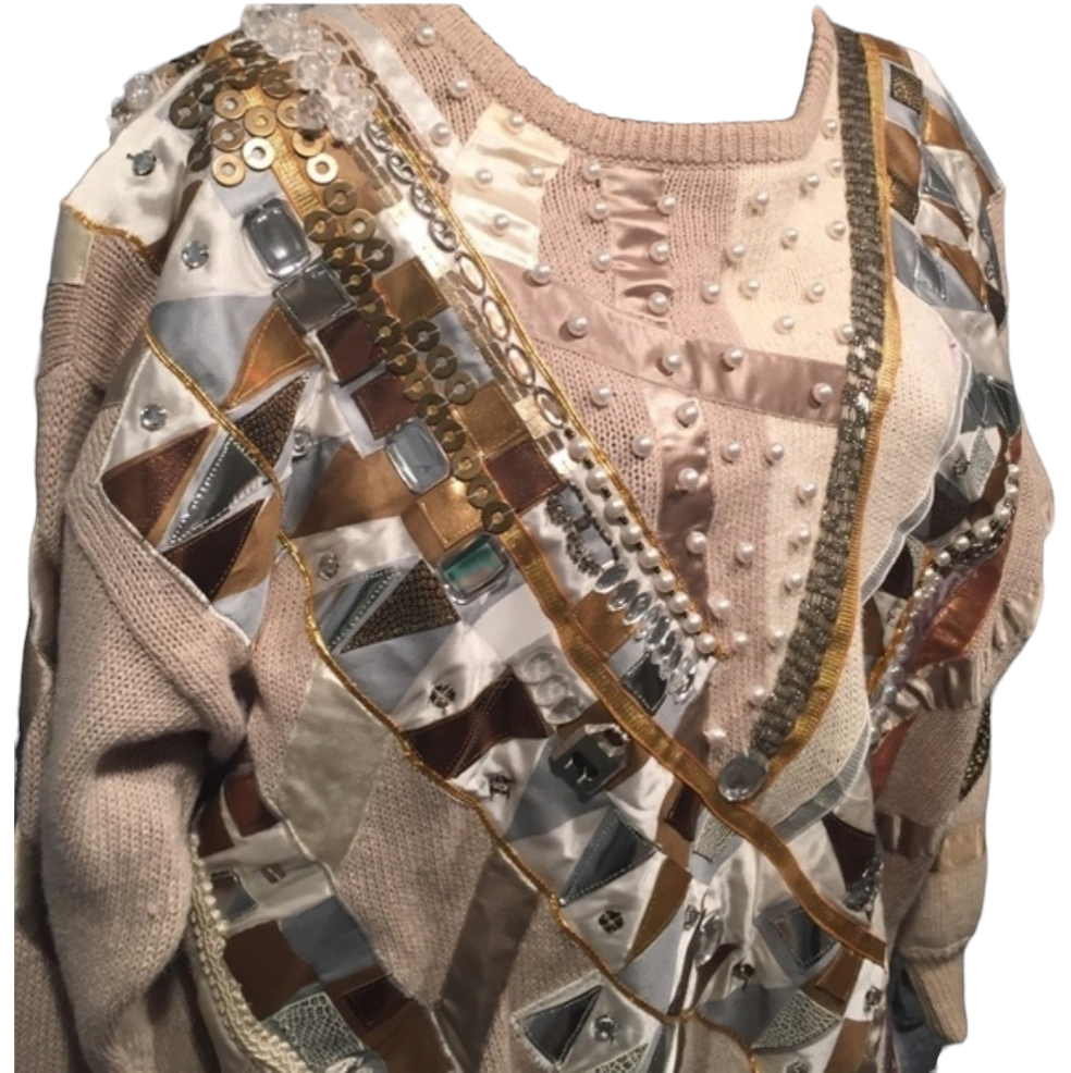 Vtg cream mixed pattern embellished sweater sz M