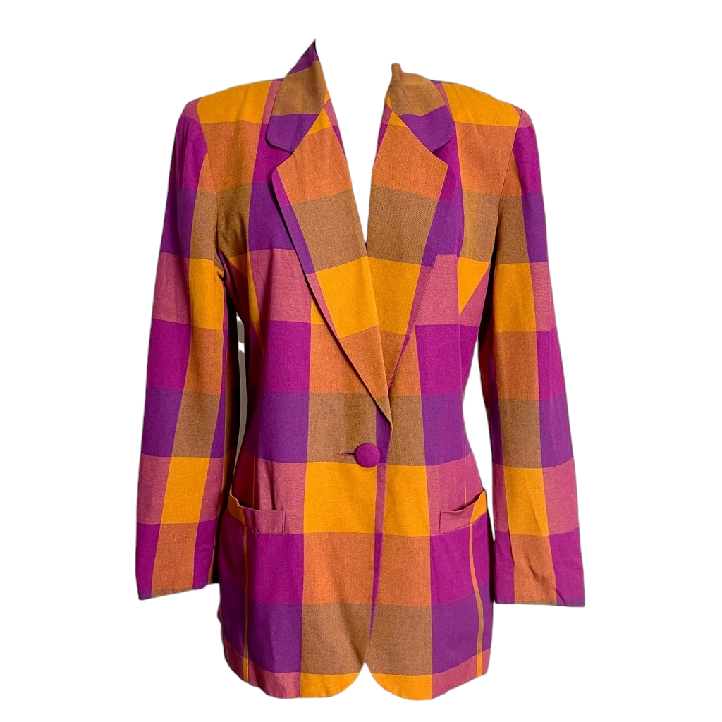 Orange, magenta, purple plaid double breasted blazer sz 12