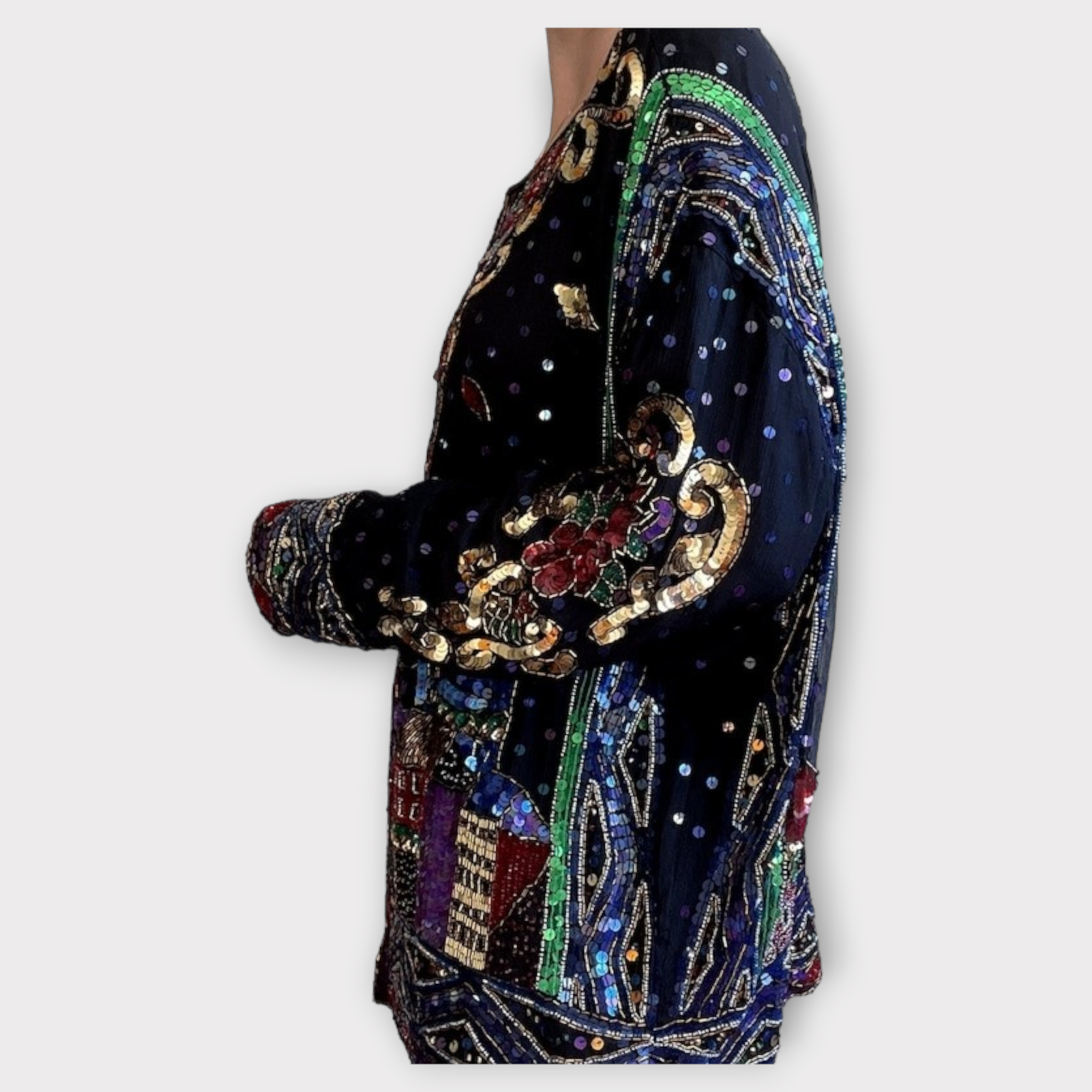 Vintage black silk sequin cityscape cardigan sz 2X