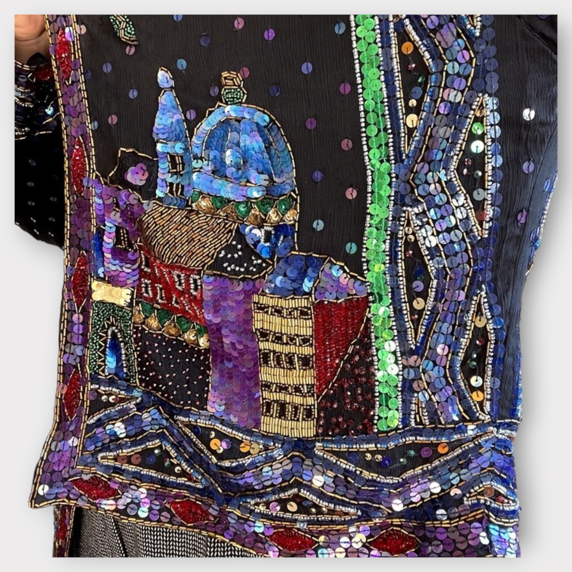 Vintage black silk sequin cityscape cardigan sz 2X