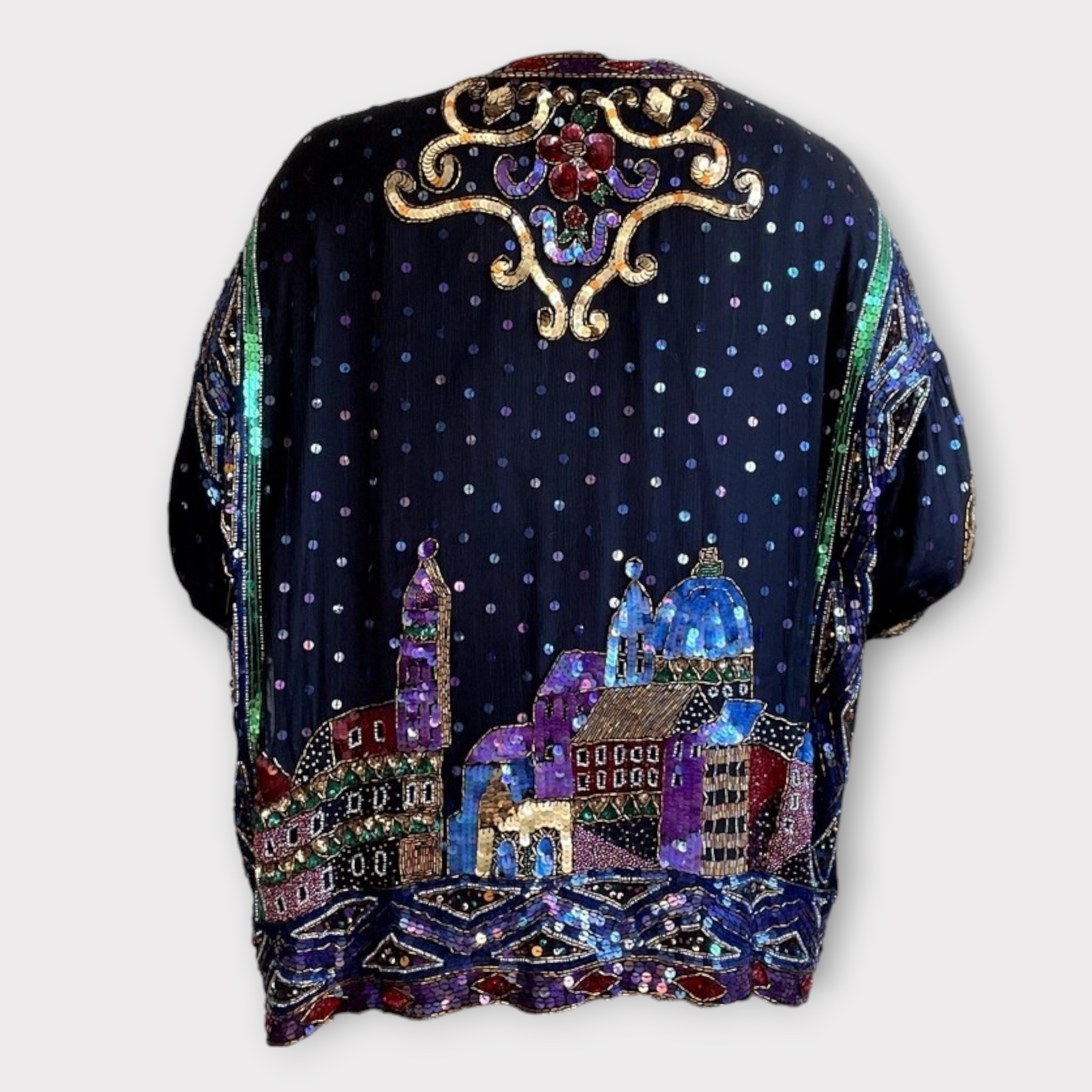 Vintage black silk sequin cityscape cardigan sz 2X