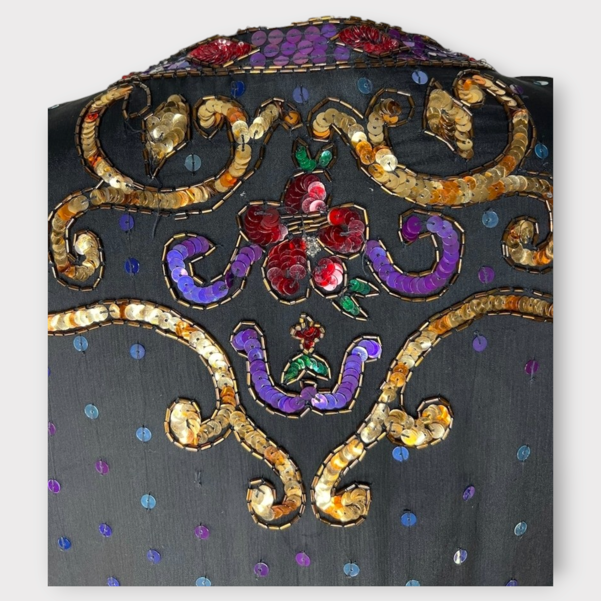 Vintage black silk sequin cityscape cardigan sz 2X