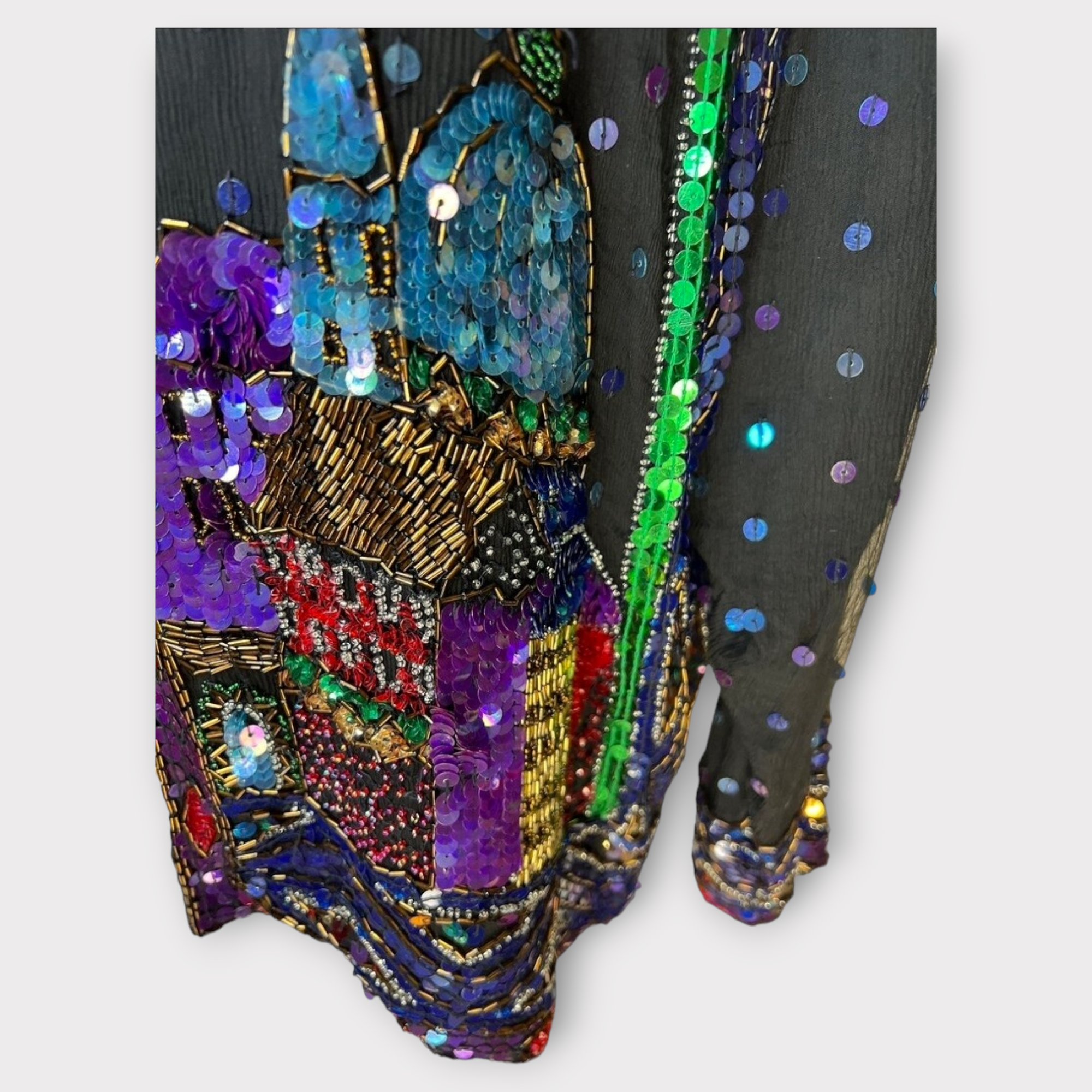 Vintage black silk sequin cityscape cardigan sz 2X