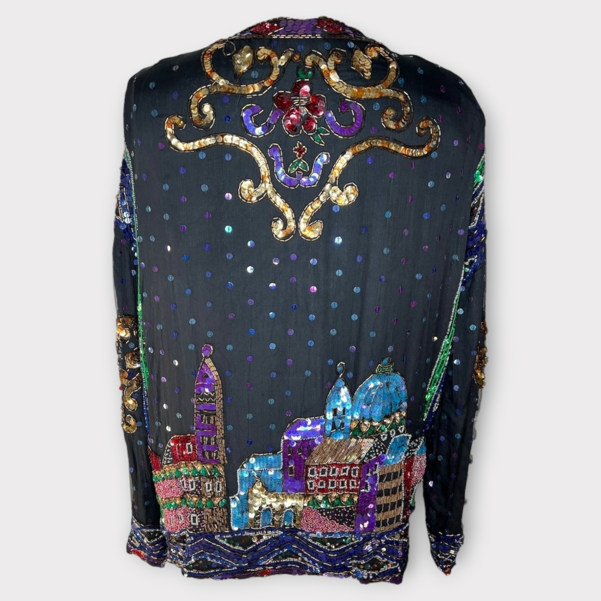 Vintage black silk sequin cityscape cardigan sz 2X