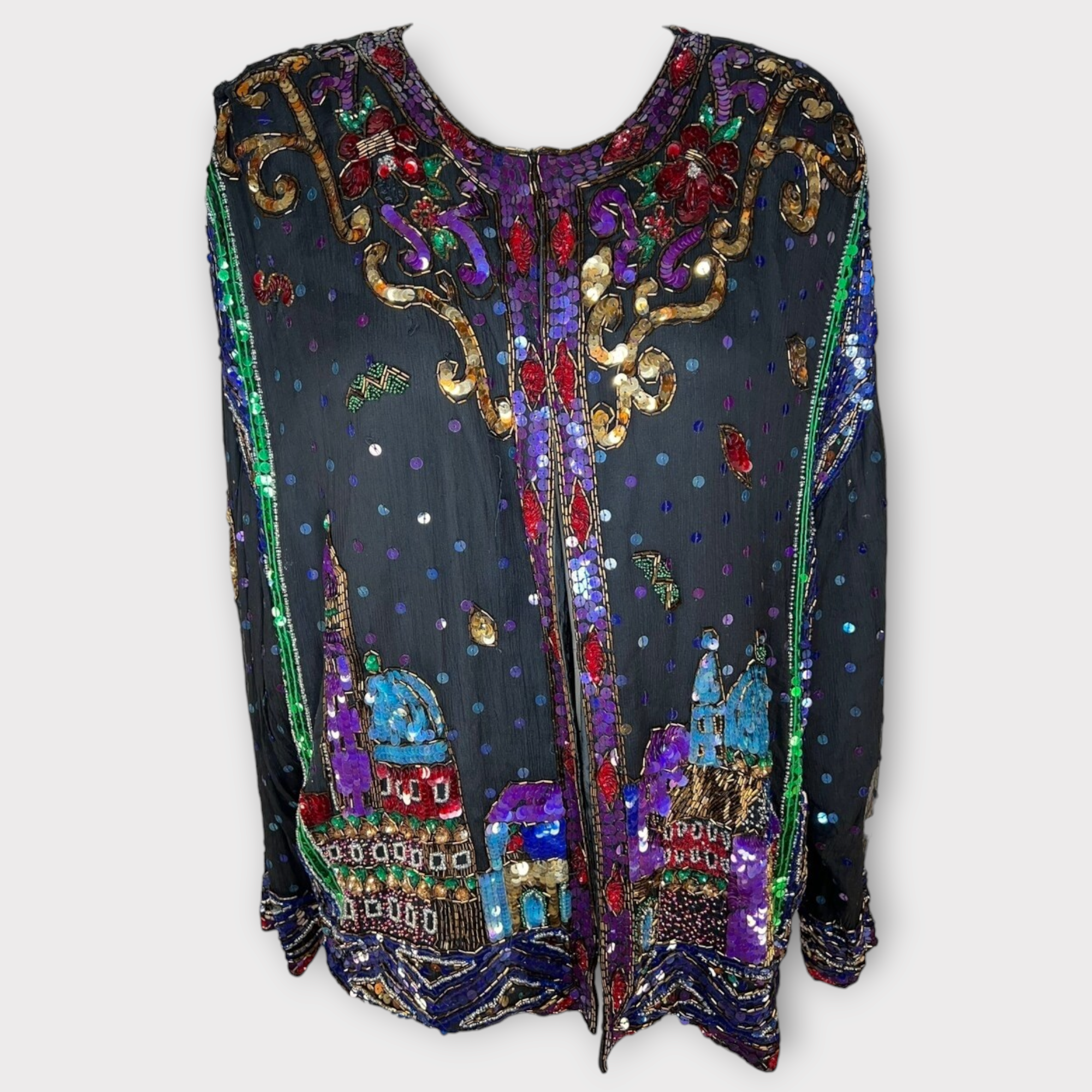 Vintage black silk sequin cityscape cardigan sz 2X
