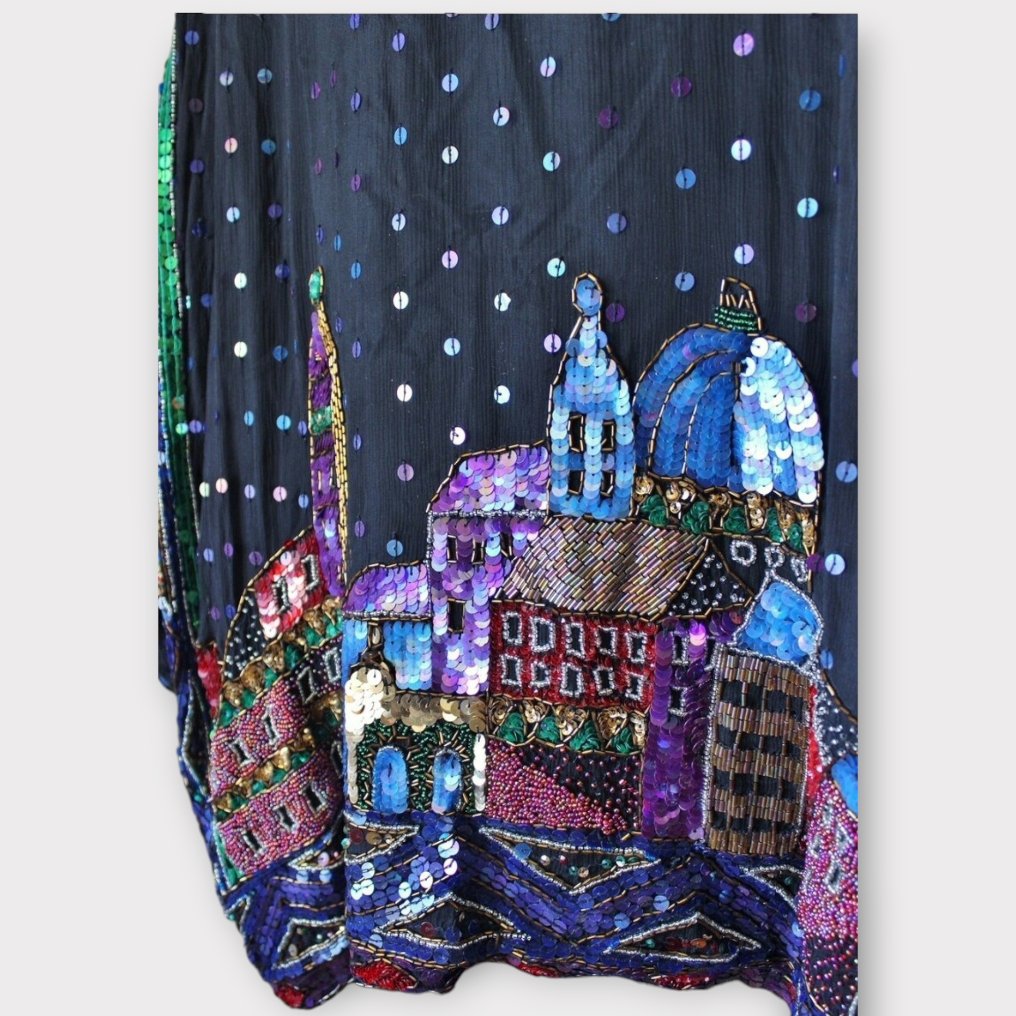 Vintage black silk sequin cityscape cardigan sz 2X