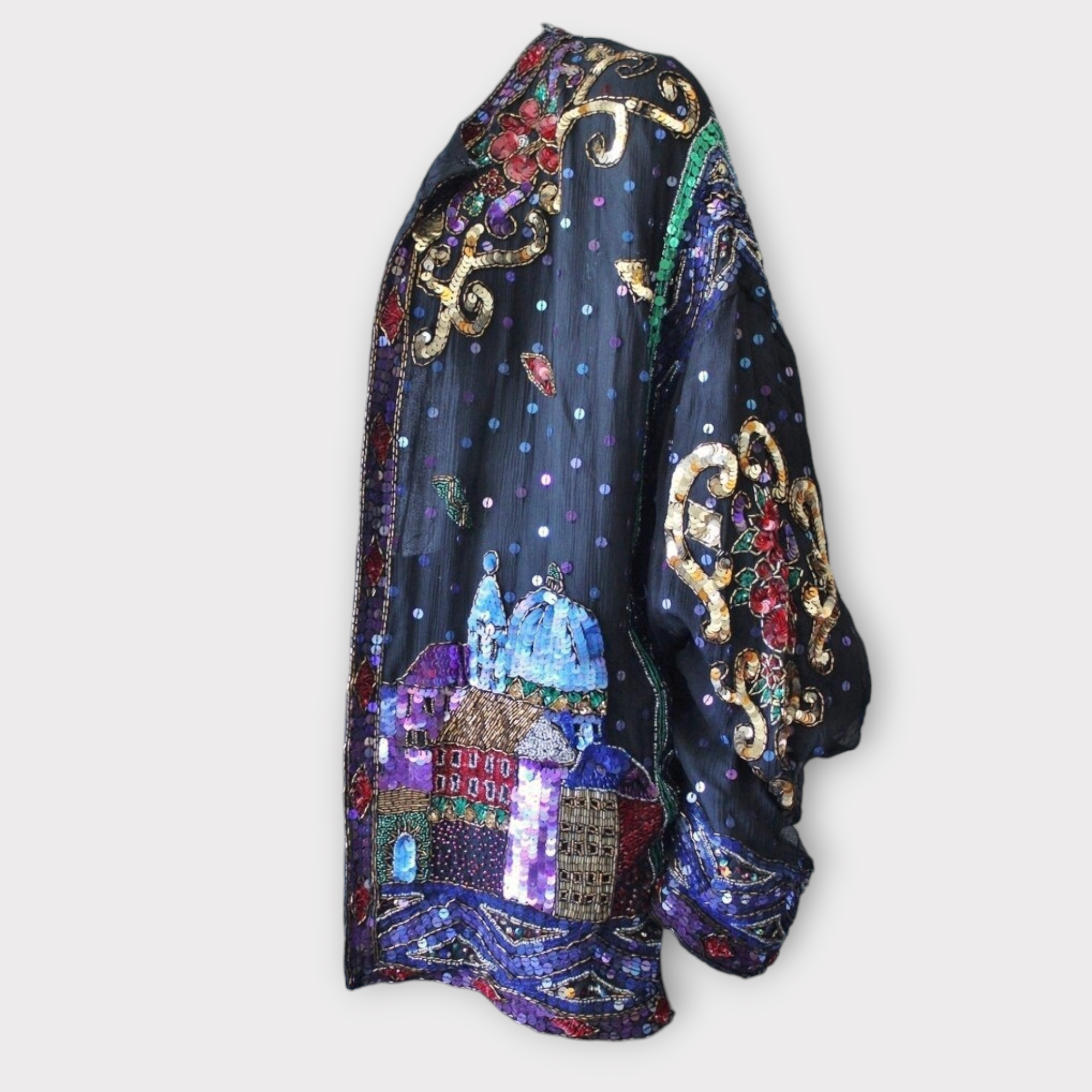 Vintage black silk sequin cityscape cardigan sz 2X