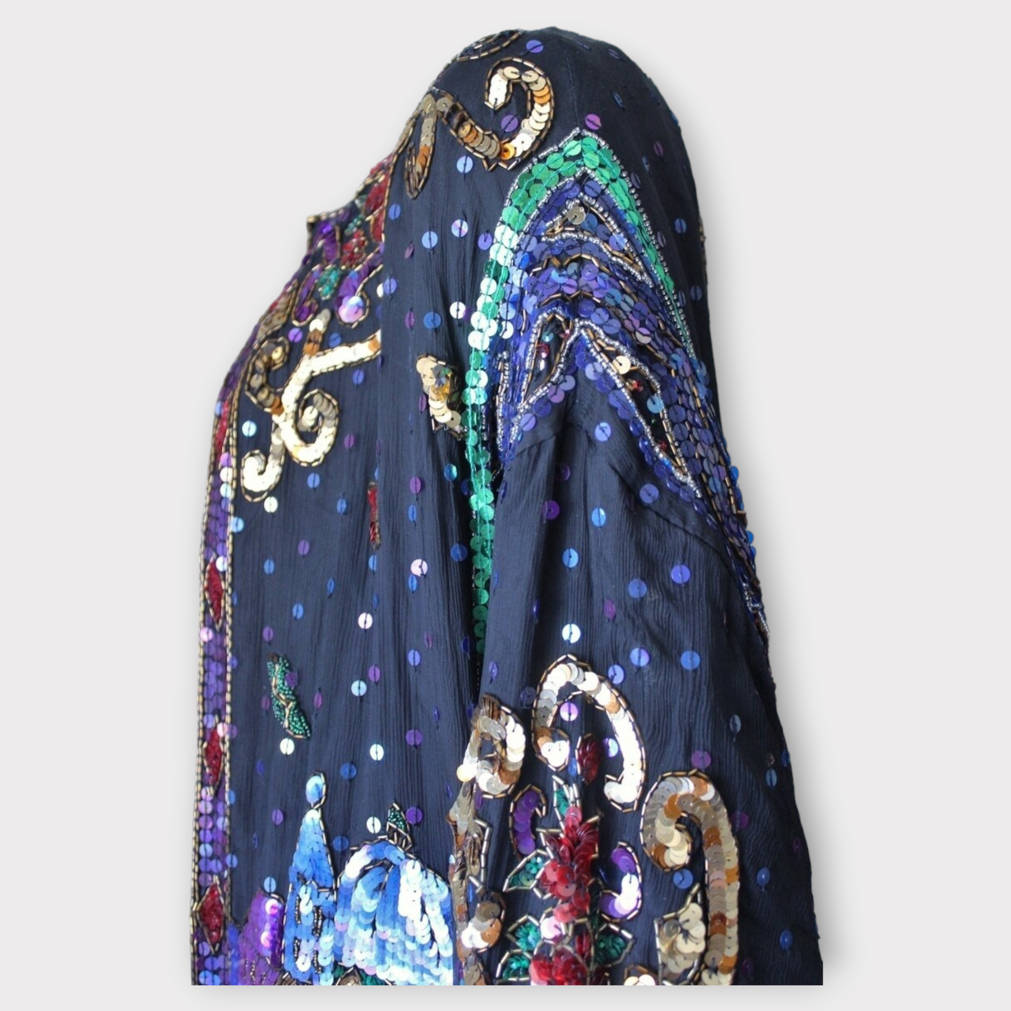 Vintage black silk sequin cityscape cardigan sz 2X