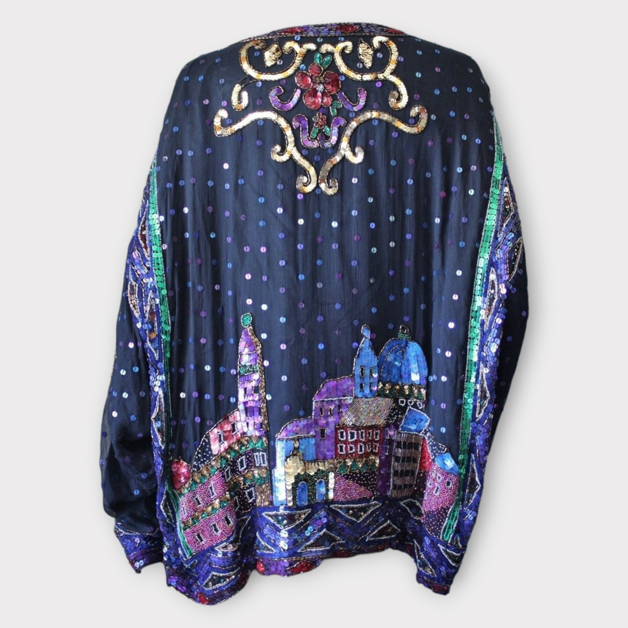 Vintage black silk sequin cityscape cardigan sz 2X