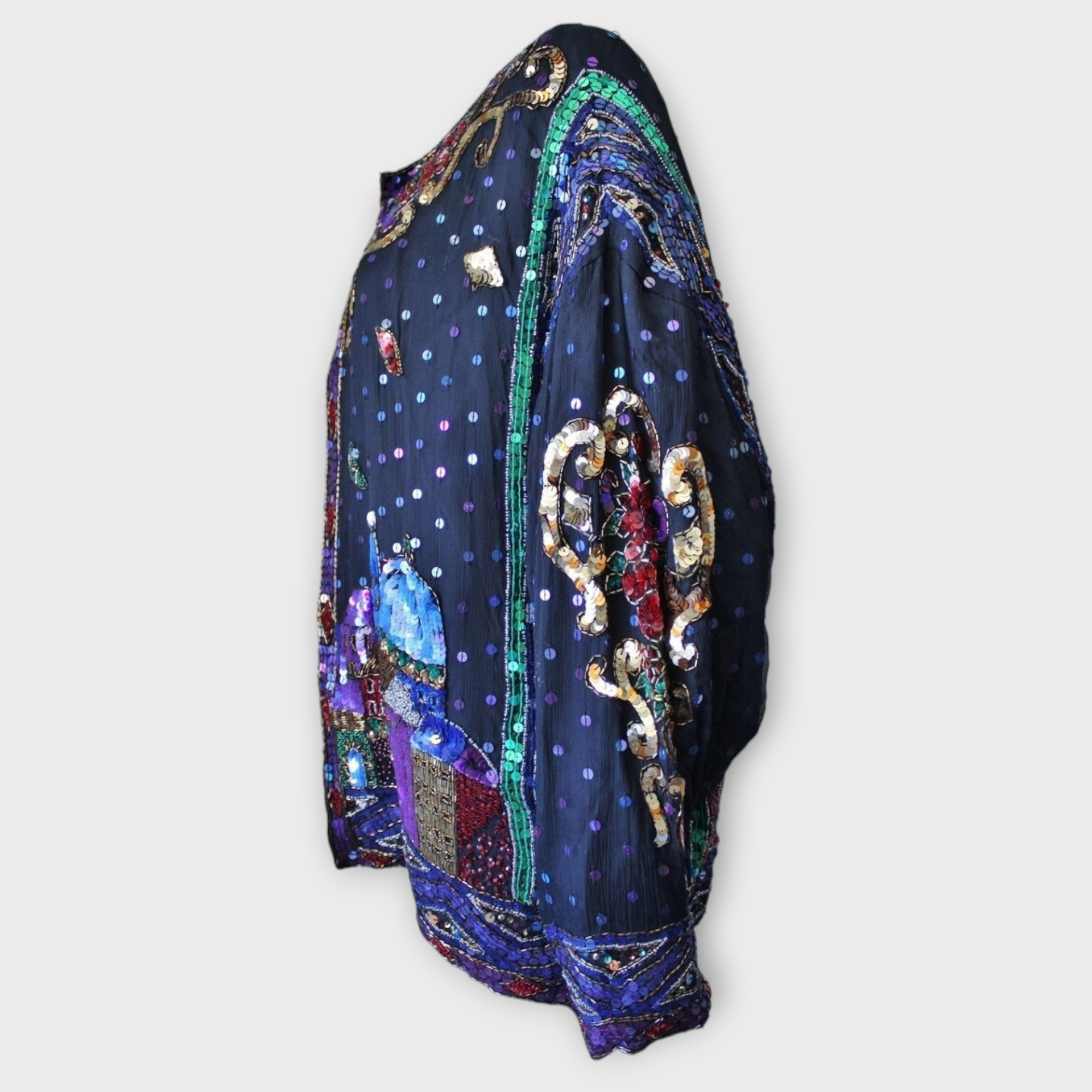 Vintage black silk sequin cityscape cardigan sz 2X