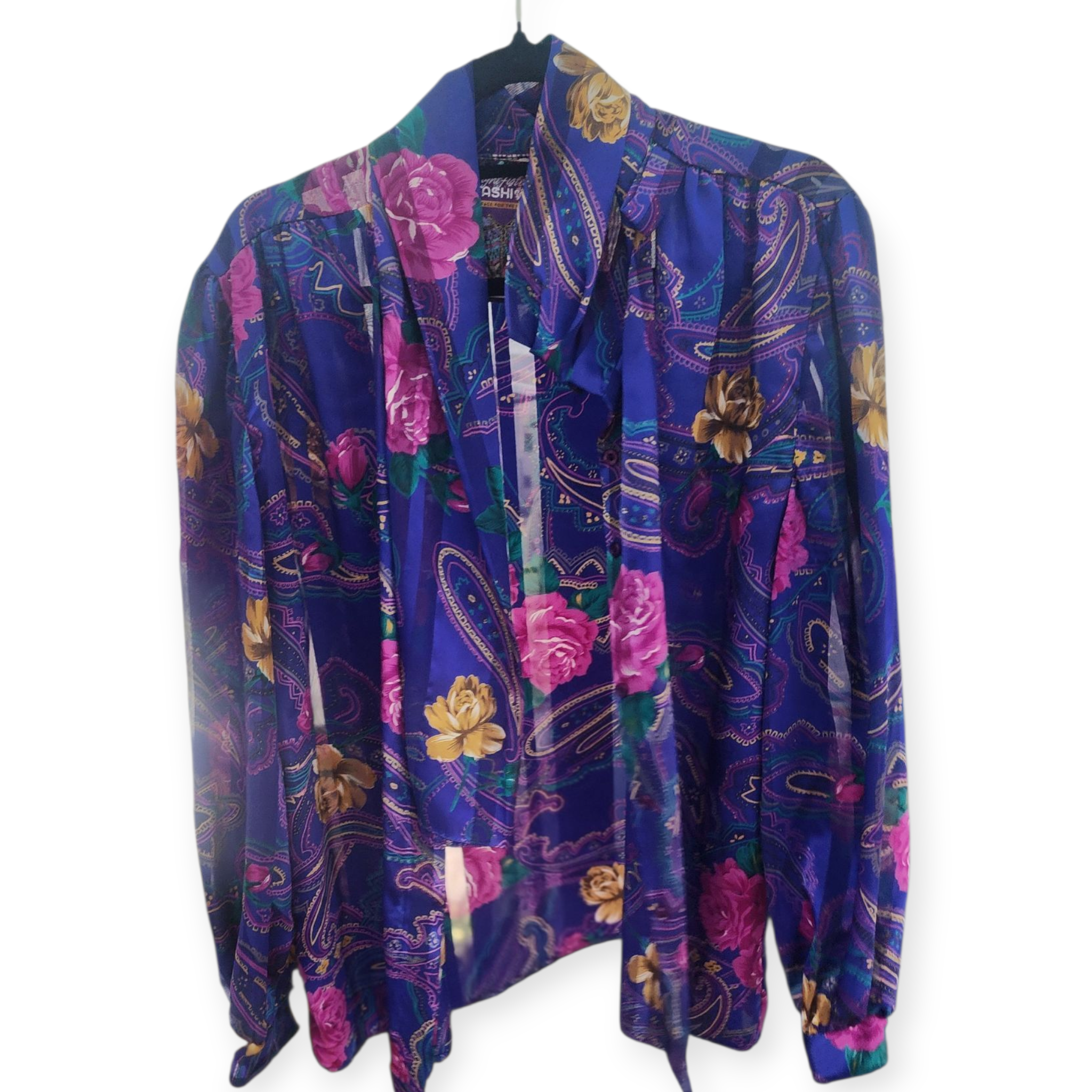 Vintage indigo purple floral print button up long sleeve blouse top sz XL