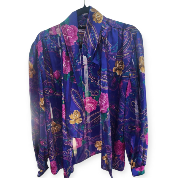 Vintage indigo purple floral print button up long sleeve blouse top sz XL