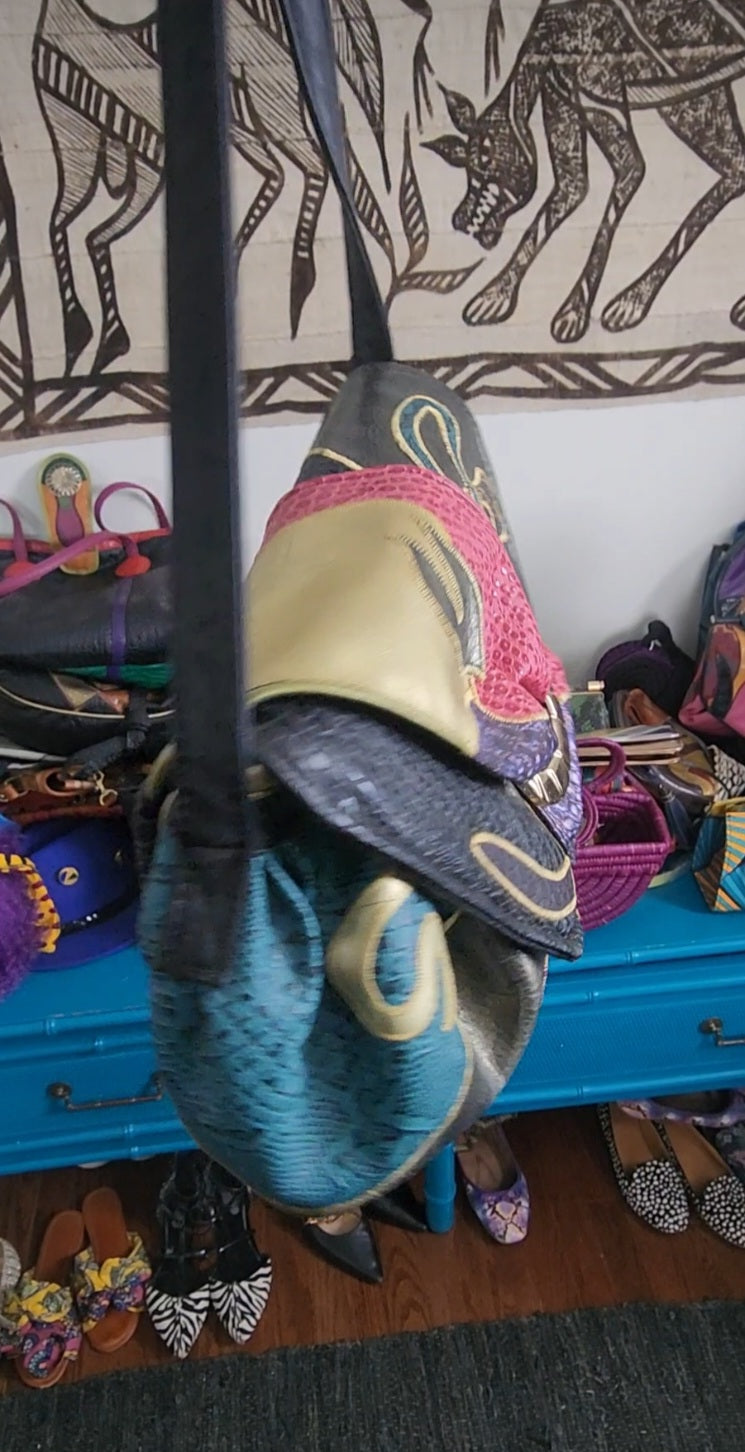 Vintage 1980s SHARIF patchwork frog skin metallic handbag