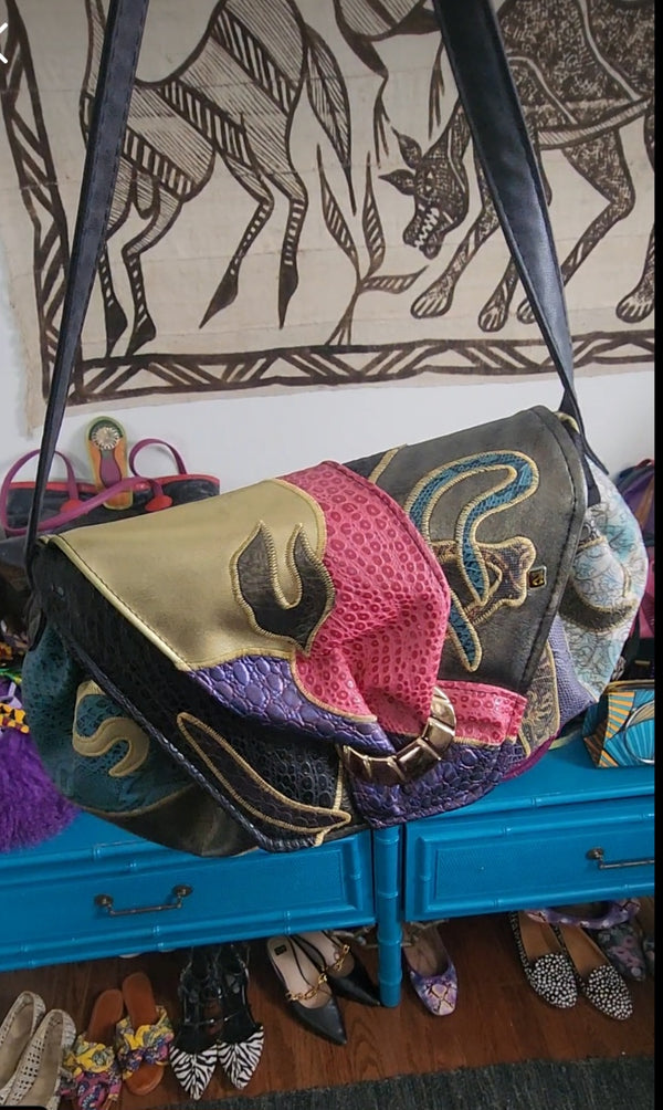 Vintage 1980s SHARIF patchwork frog skin metallic handbag