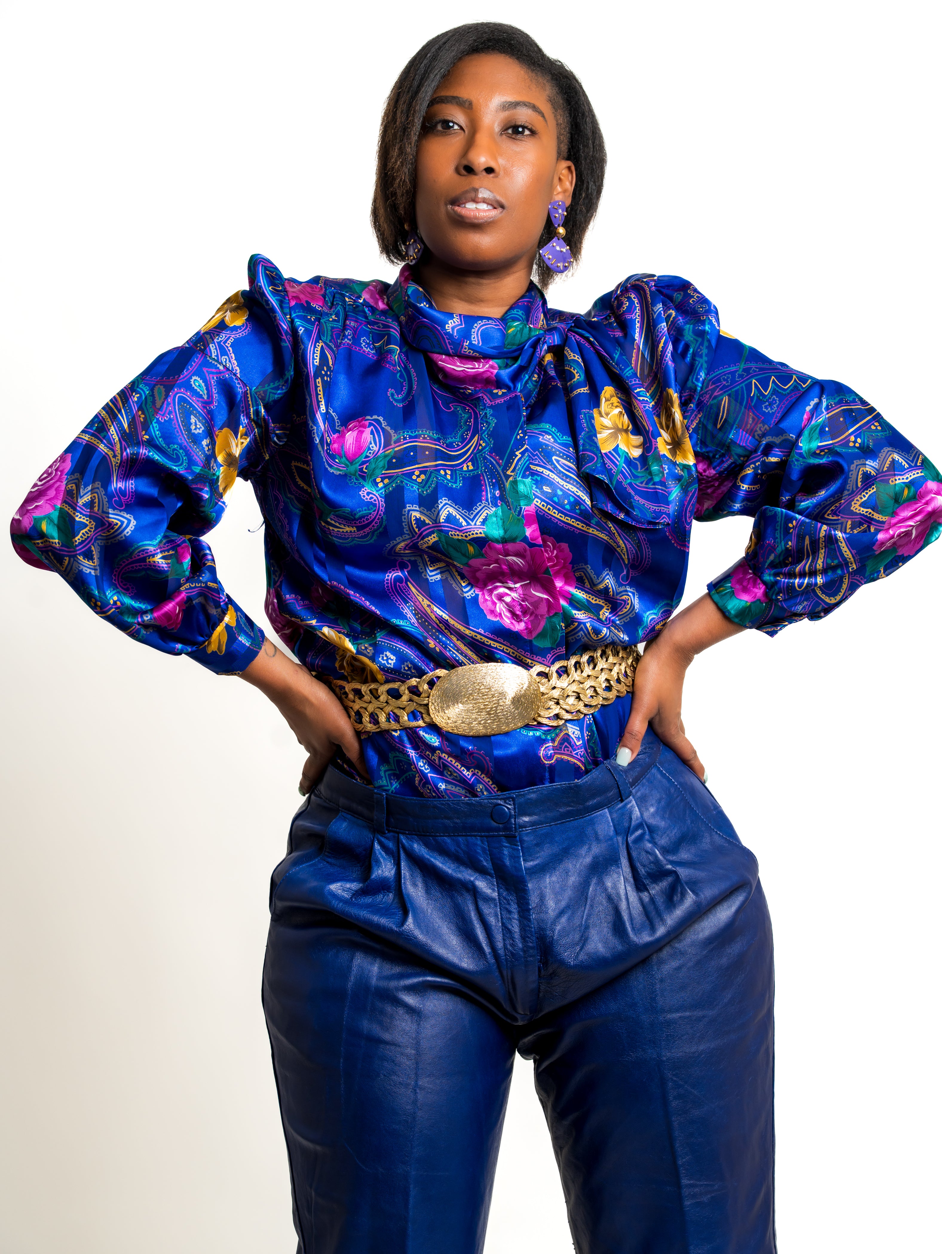 Vintage indigo purple floral print button up long sleeve blouse top sz XL