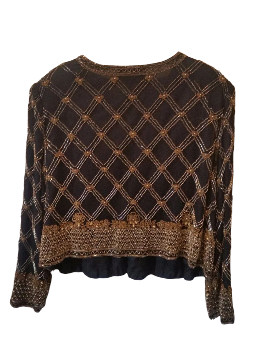 Vintage black gold silk beaded sequin cardigan sz 2X