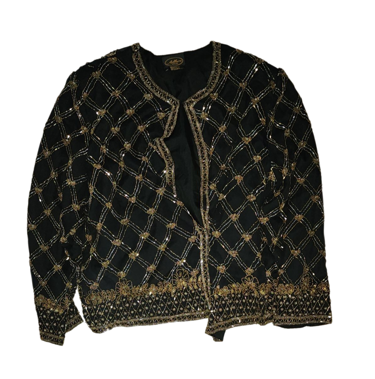 Vintage black gold silk beaded sequin cardigan sz 2X