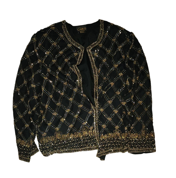 Vintage black gold silk beaded sequin cardigan sz 2X
