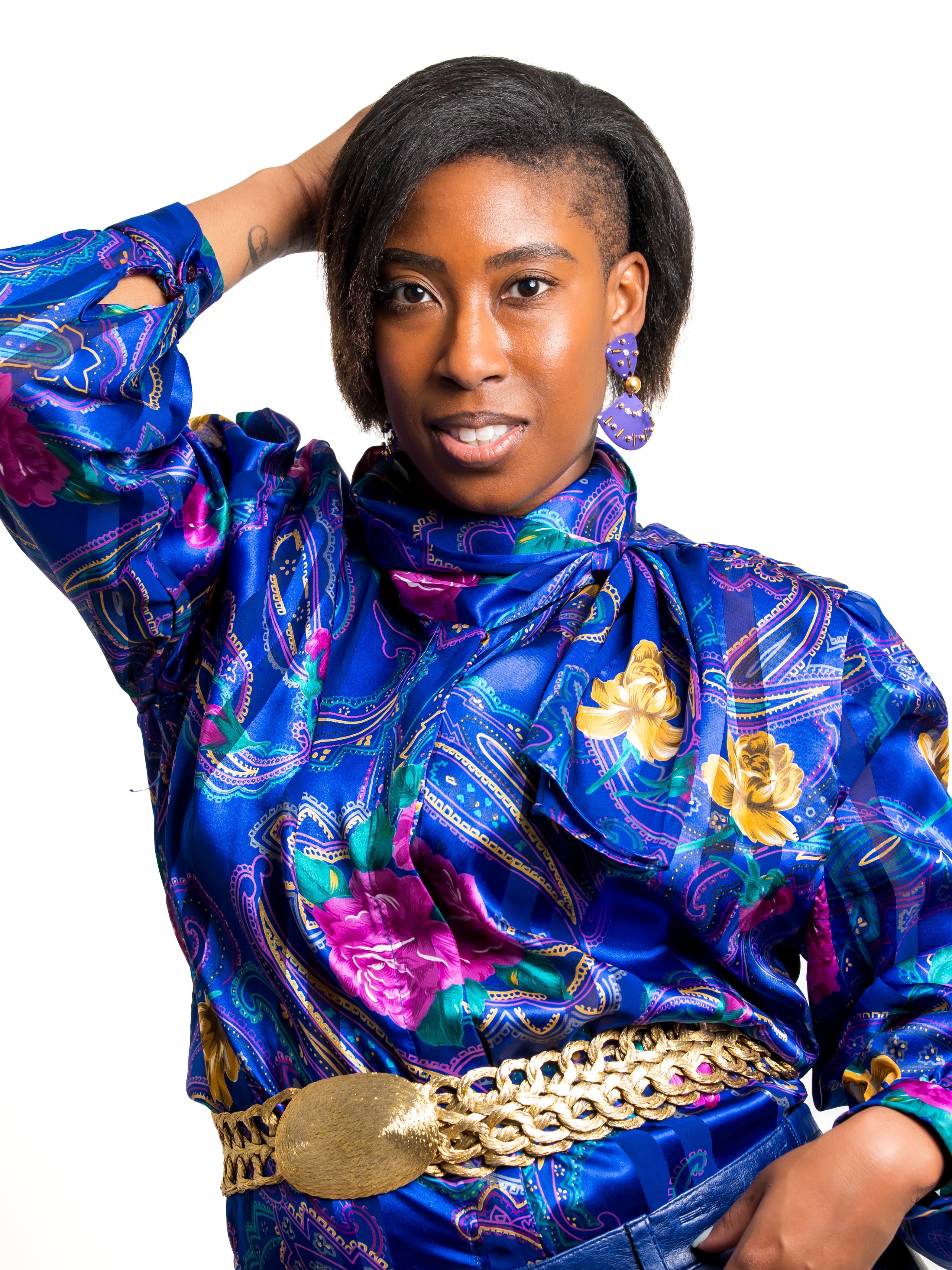 Vintage indigo purple floral print button up long sleeve blouse top sz XL