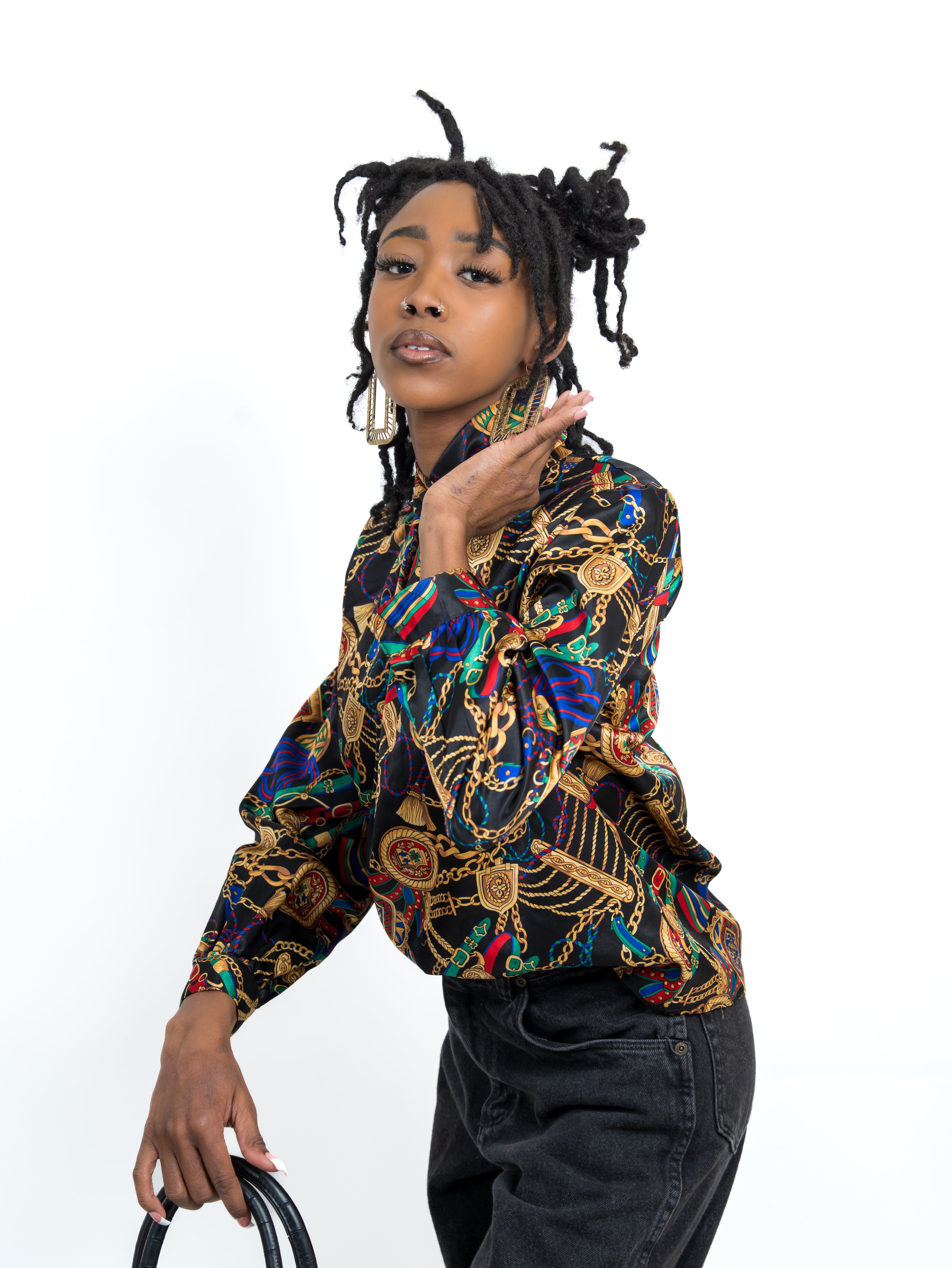 Vintage silk smock neck black, gold multi chainlink print blouse sz S