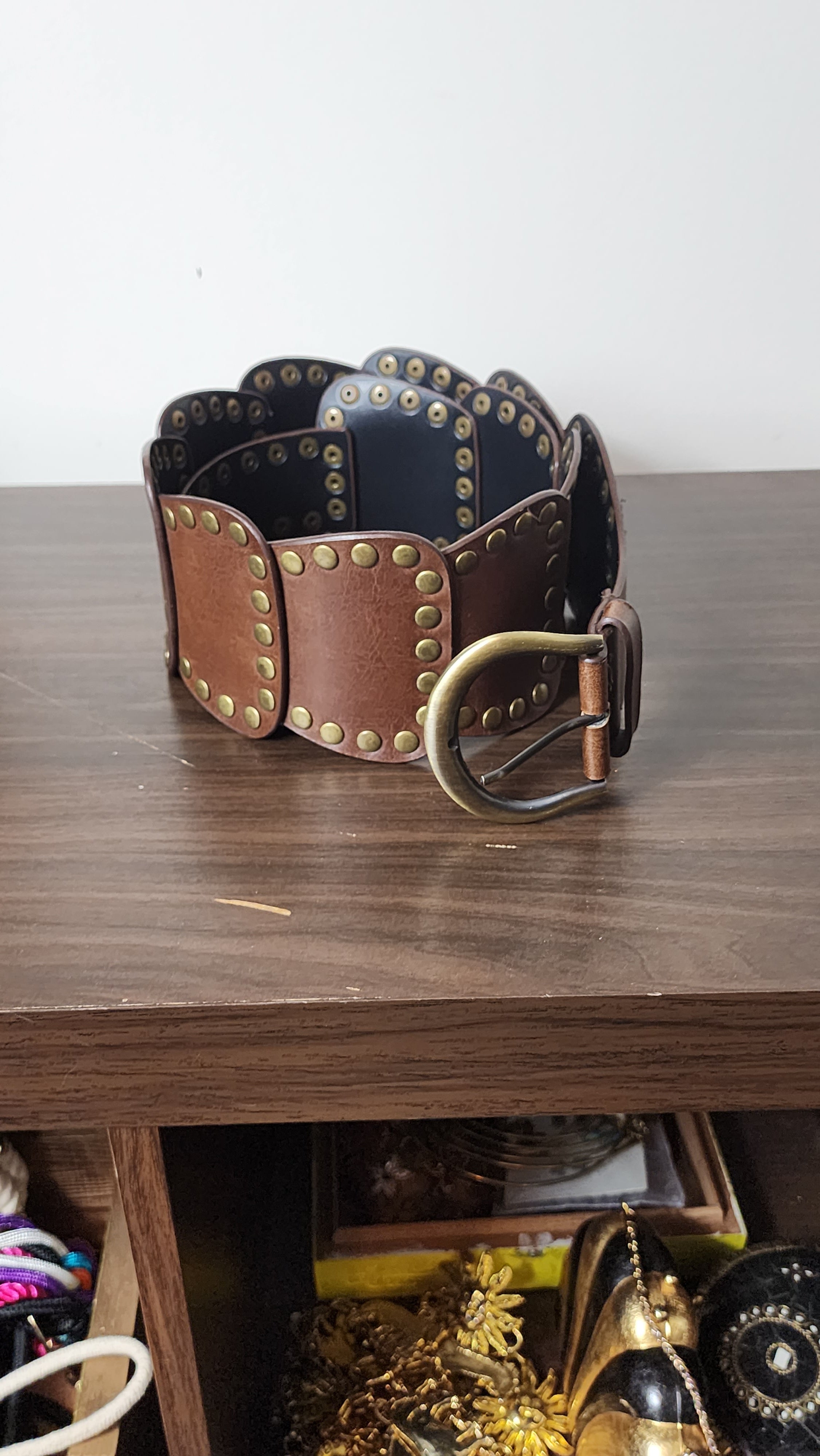 90s brown leather belt with gold studs