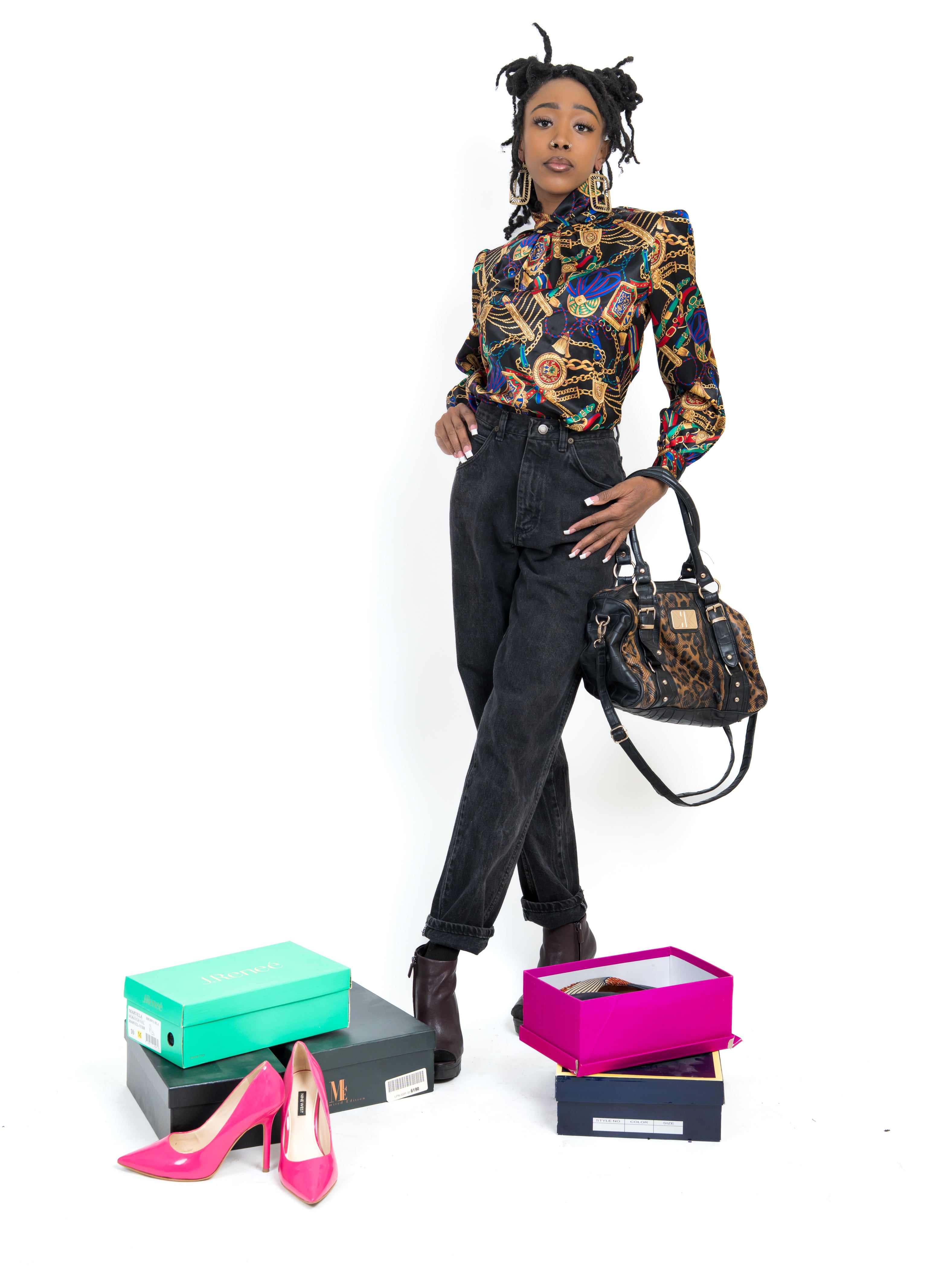 Vintage silk smock neck black, gold multi chainlink print blouse sz S