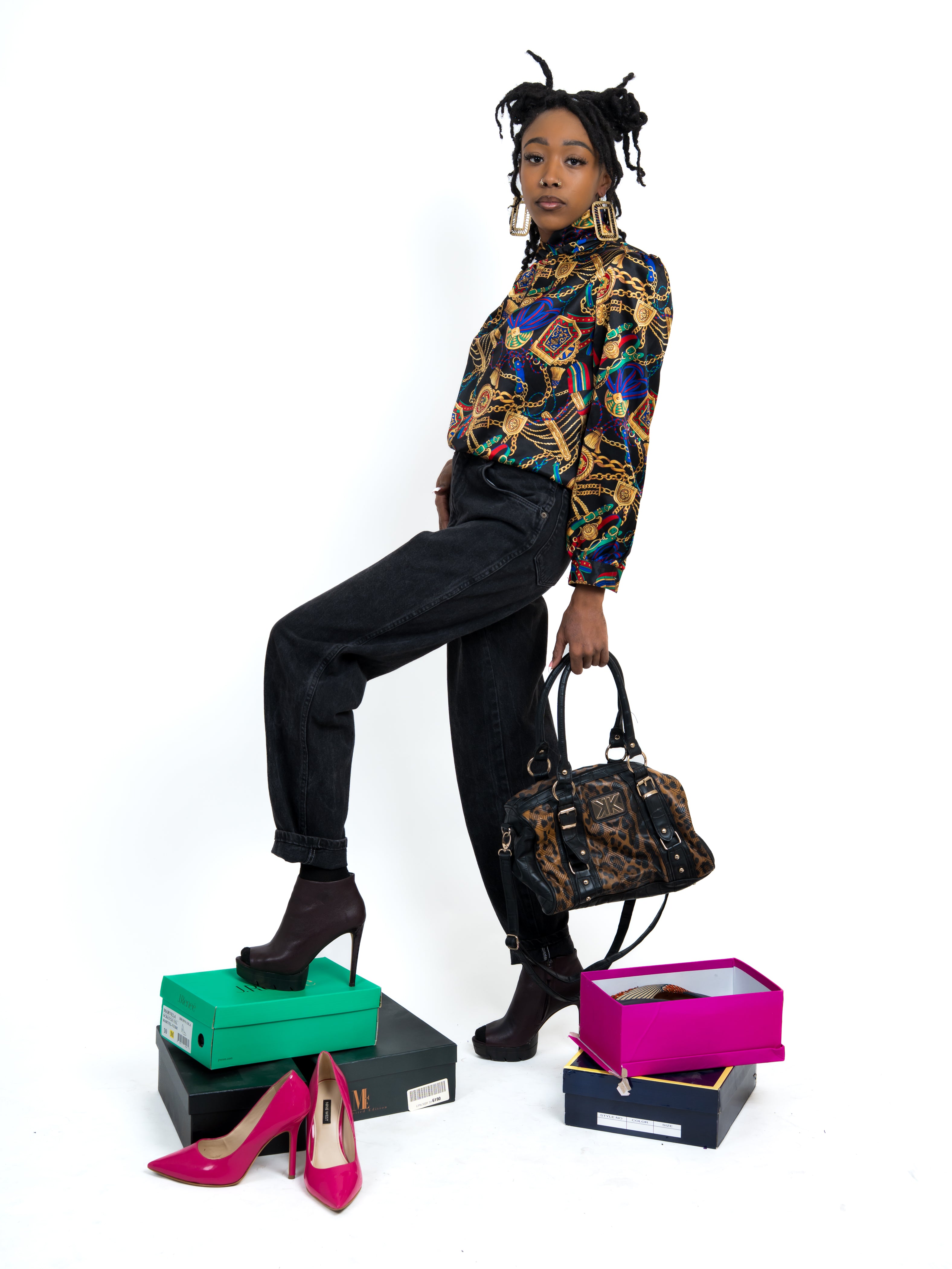 Vintage silk smock neck black, gold multi chainlink print blouse sz S