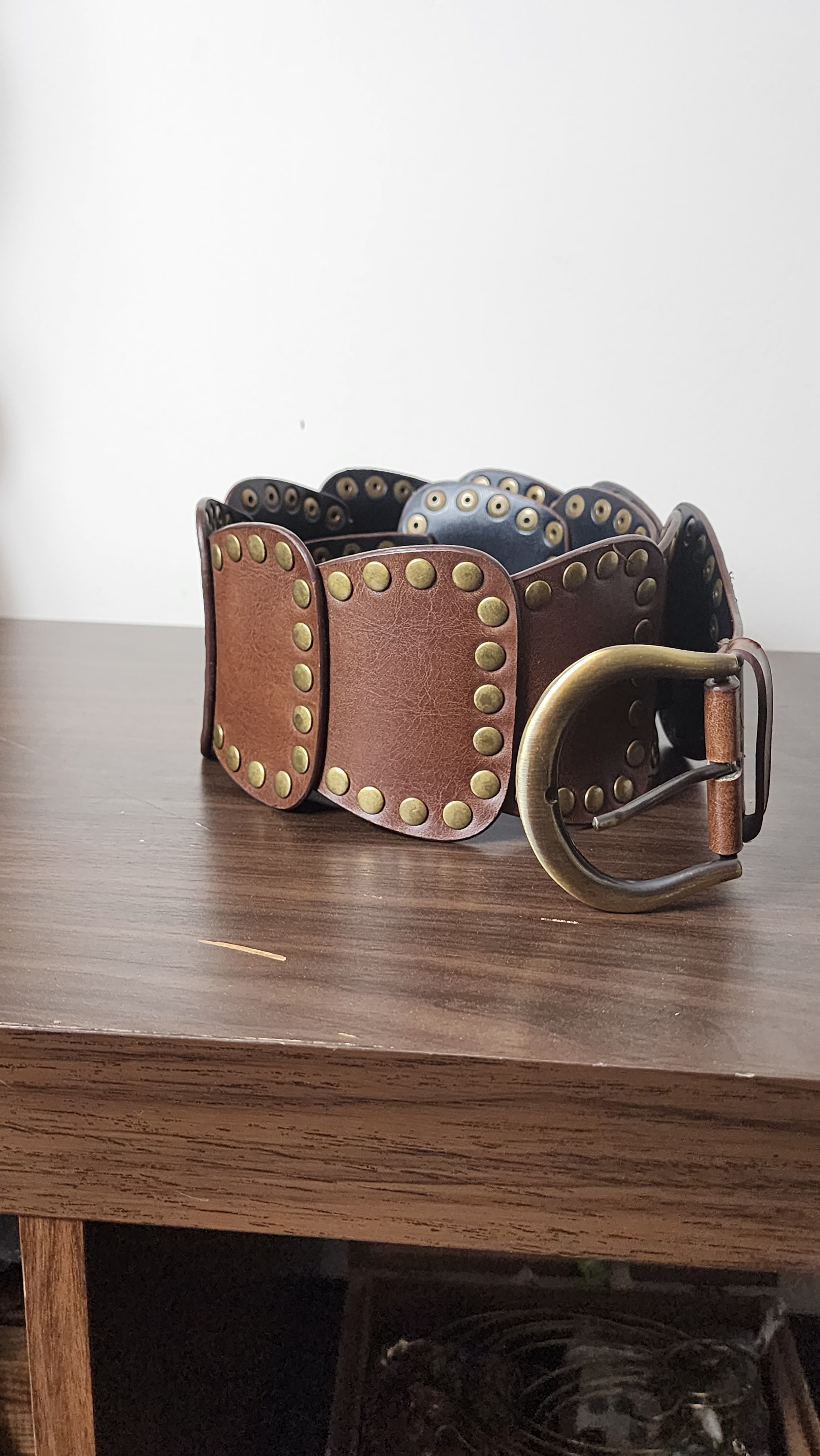 90s brown leather belt with gold studs
