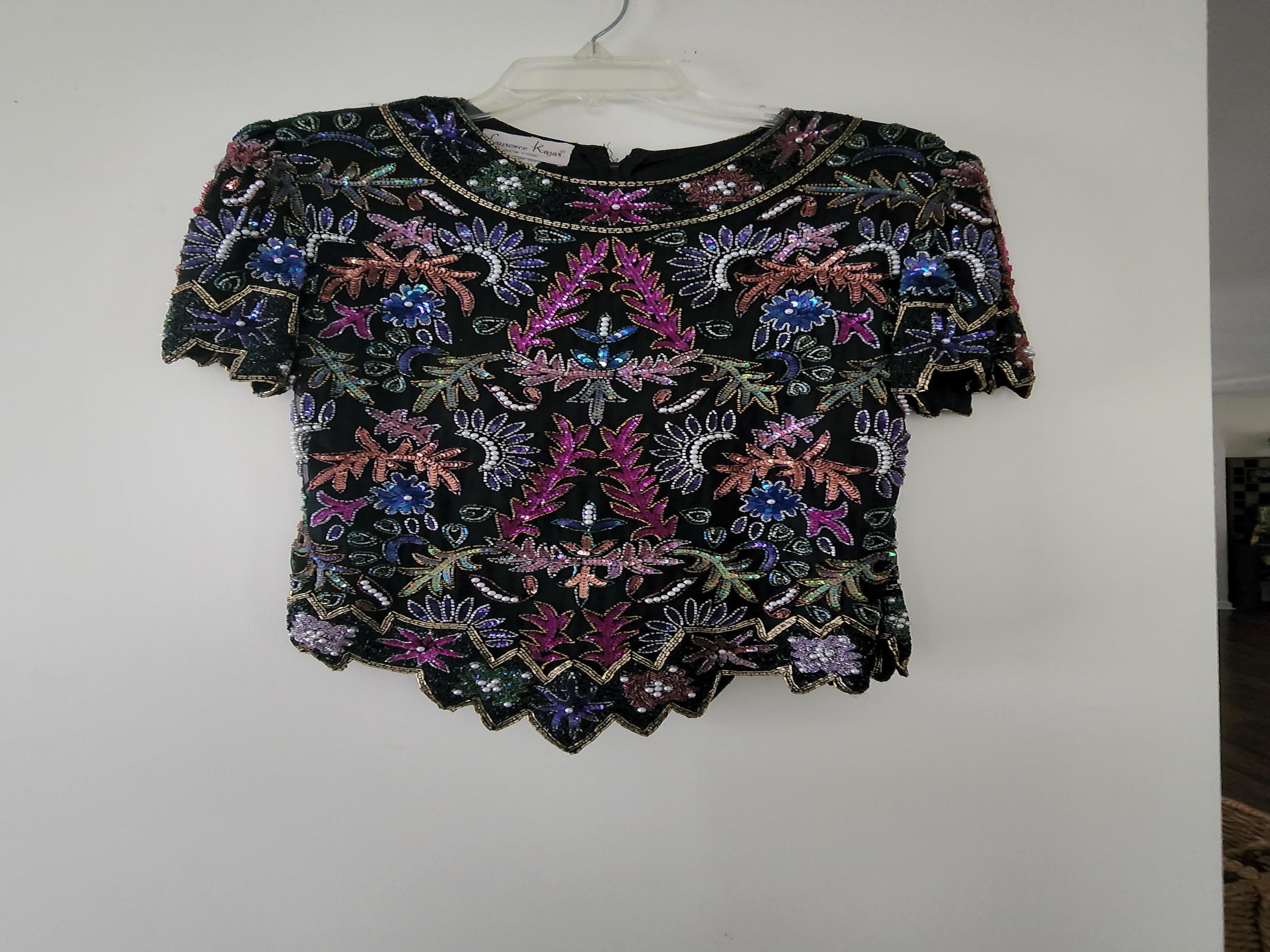 Black colorful floral sequin beaded vintage short sleeve shirt sz M
