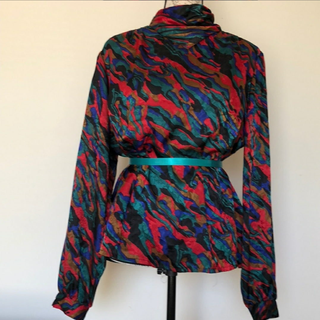 Vintage silk smock neck red, black and green blouse sz L