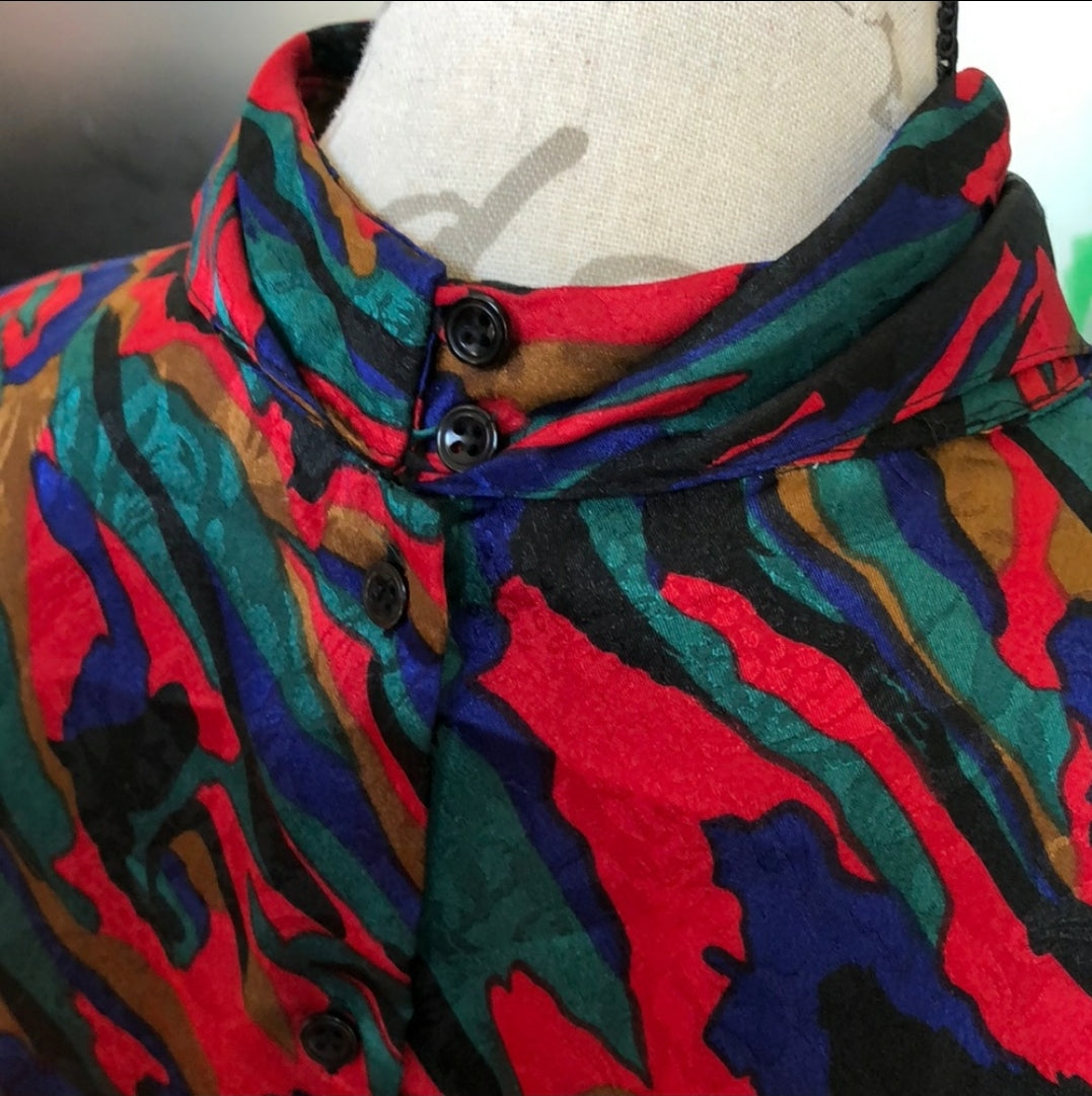 Vintage silk smock neck red, black and green blouse sz L