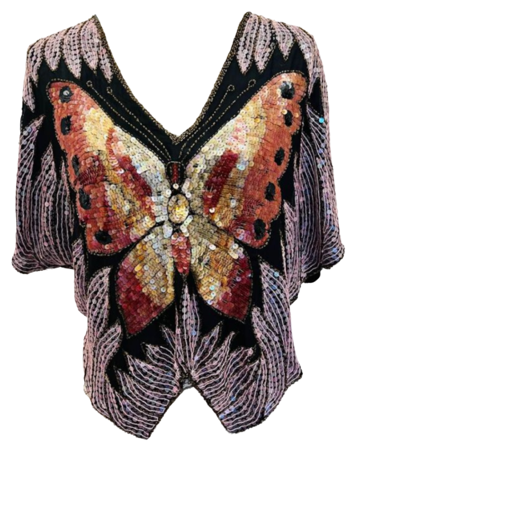 Vintage pink silver sequin butterfly top sz L