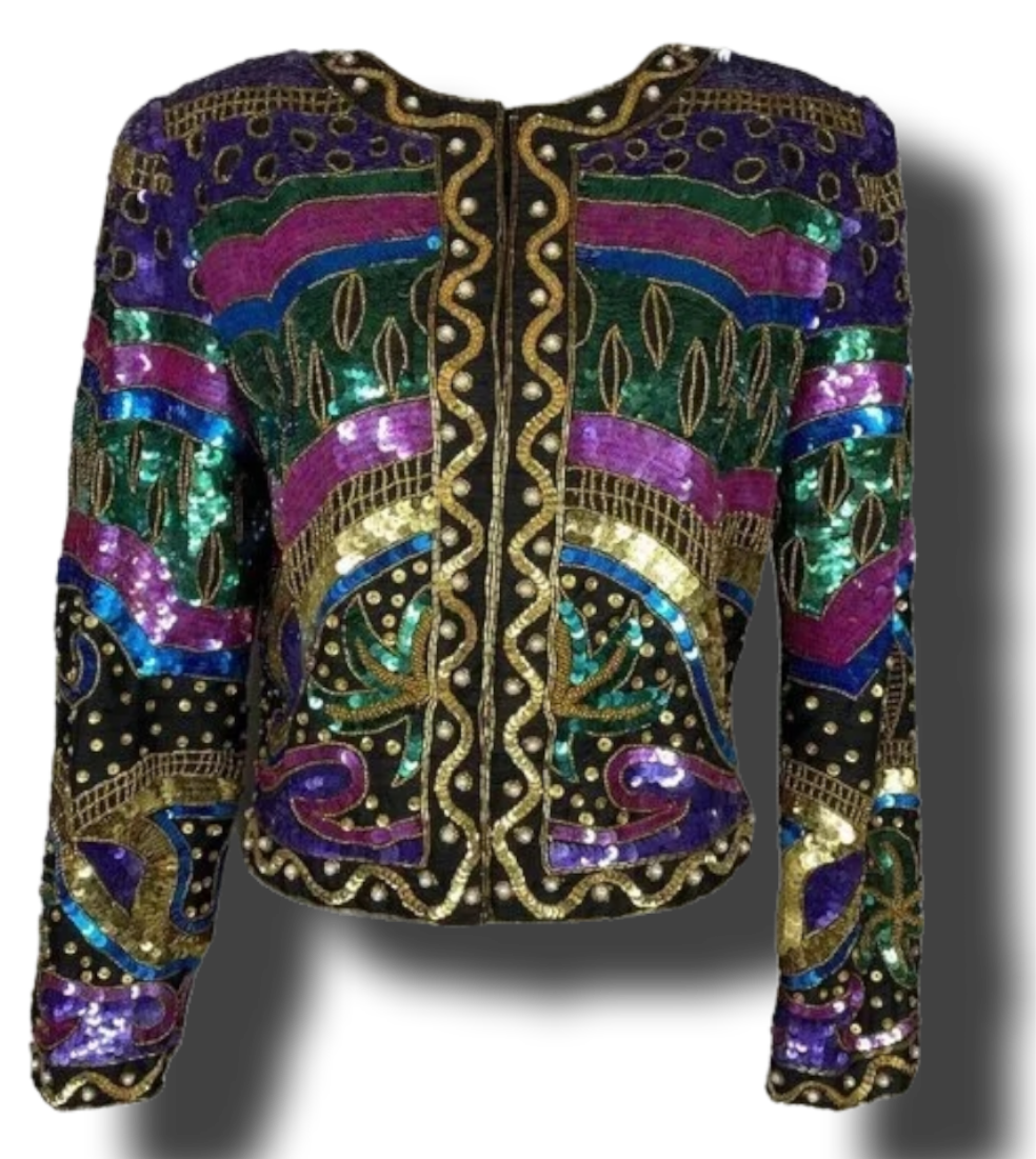 Vintage Laurence Kazar colorful sequin beaded long sleeve dinner jacket sz M