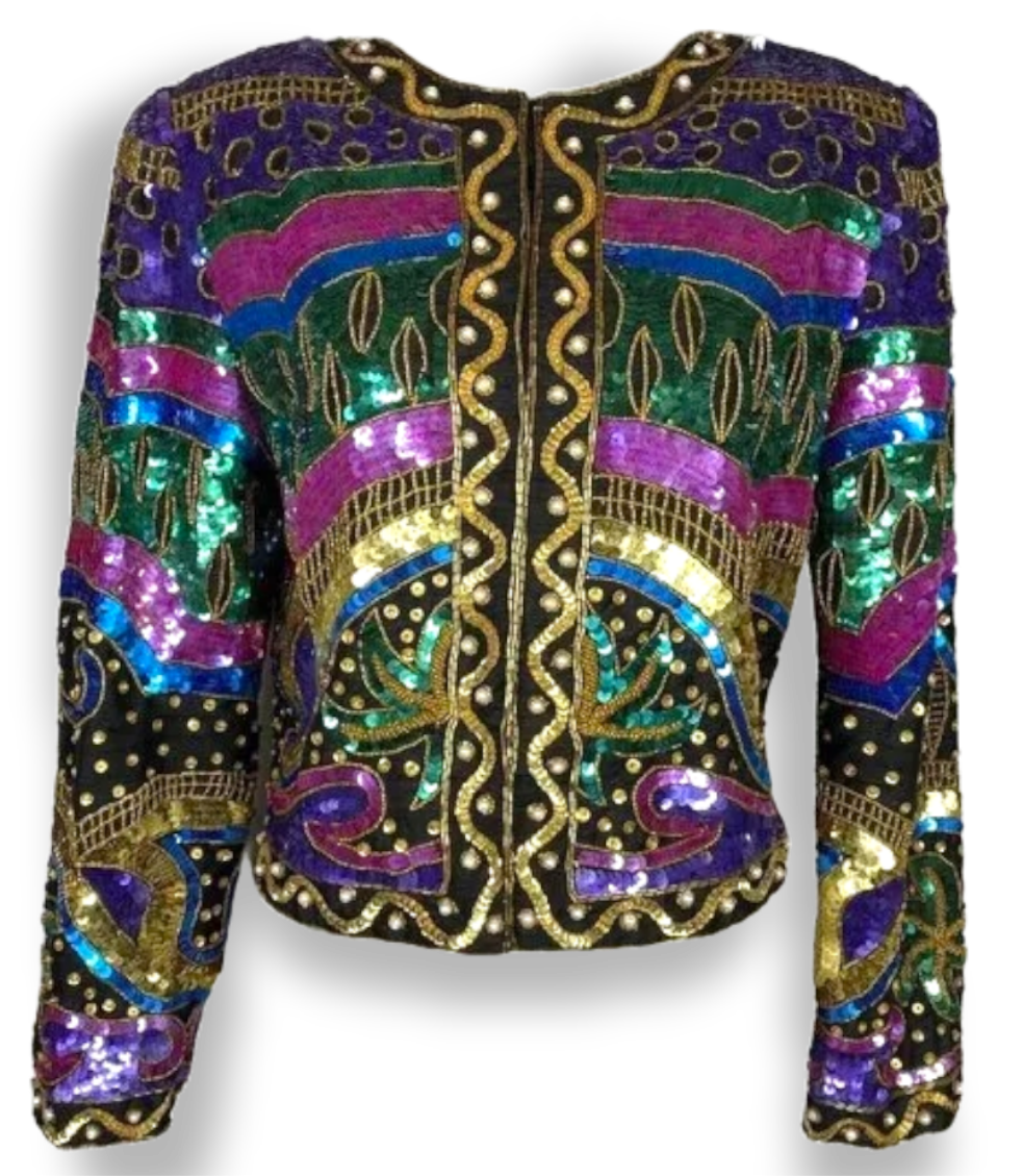 Vintage Laurence Kazar colorful sequin beaded long sleeve dinner jacket sz M