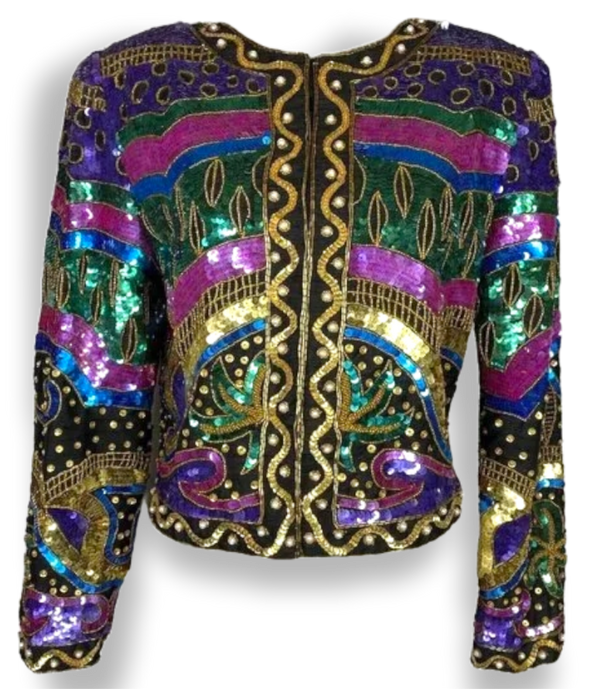 Vintage Laurence Kazar colorful sequin beaded long sleeve dinner jacket sz M