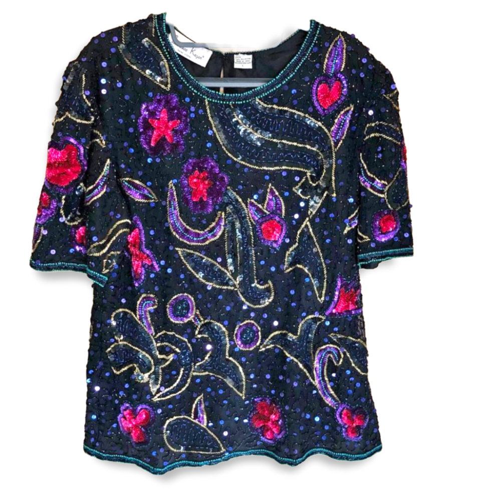 Black colorful abstract floral sequin beaded vintage short sleeve shirt sz M