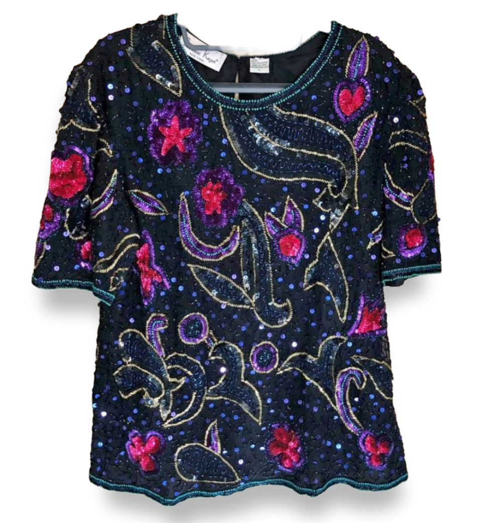 Black colorful abstract floral sequin beaded vintage short sleeve shirt sz M