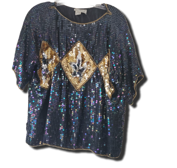Vintage iridescent sequin top with silver gold detail sz M