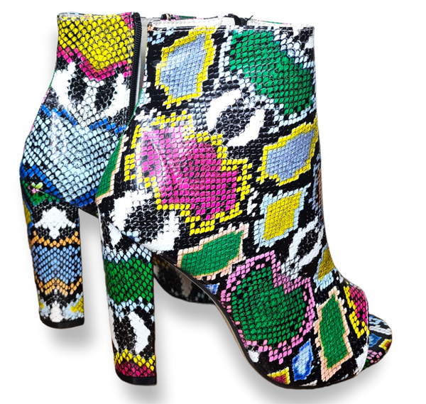 Colorful snake print peep toe booties sz 10