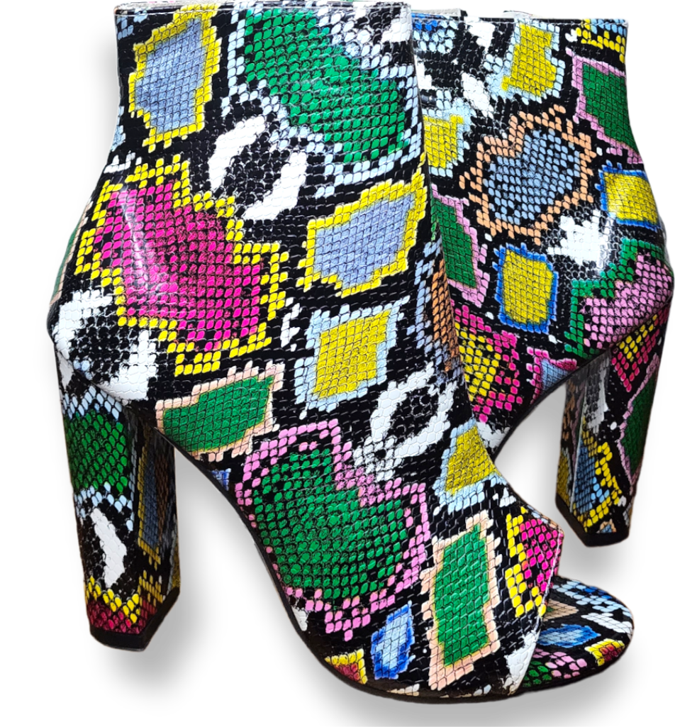 Colorful snake print peep toe booties sz 10